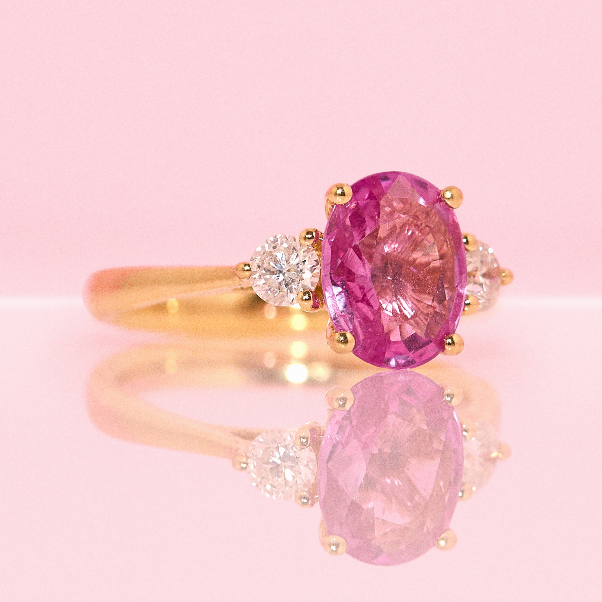 18ct gold 1.93ct pink sapphire and diamond three stone ring (made to order)