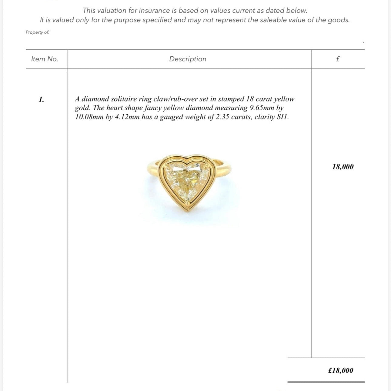 18ct gold bezel set fancy yellow 2.35ct heart-shaped diamond ring