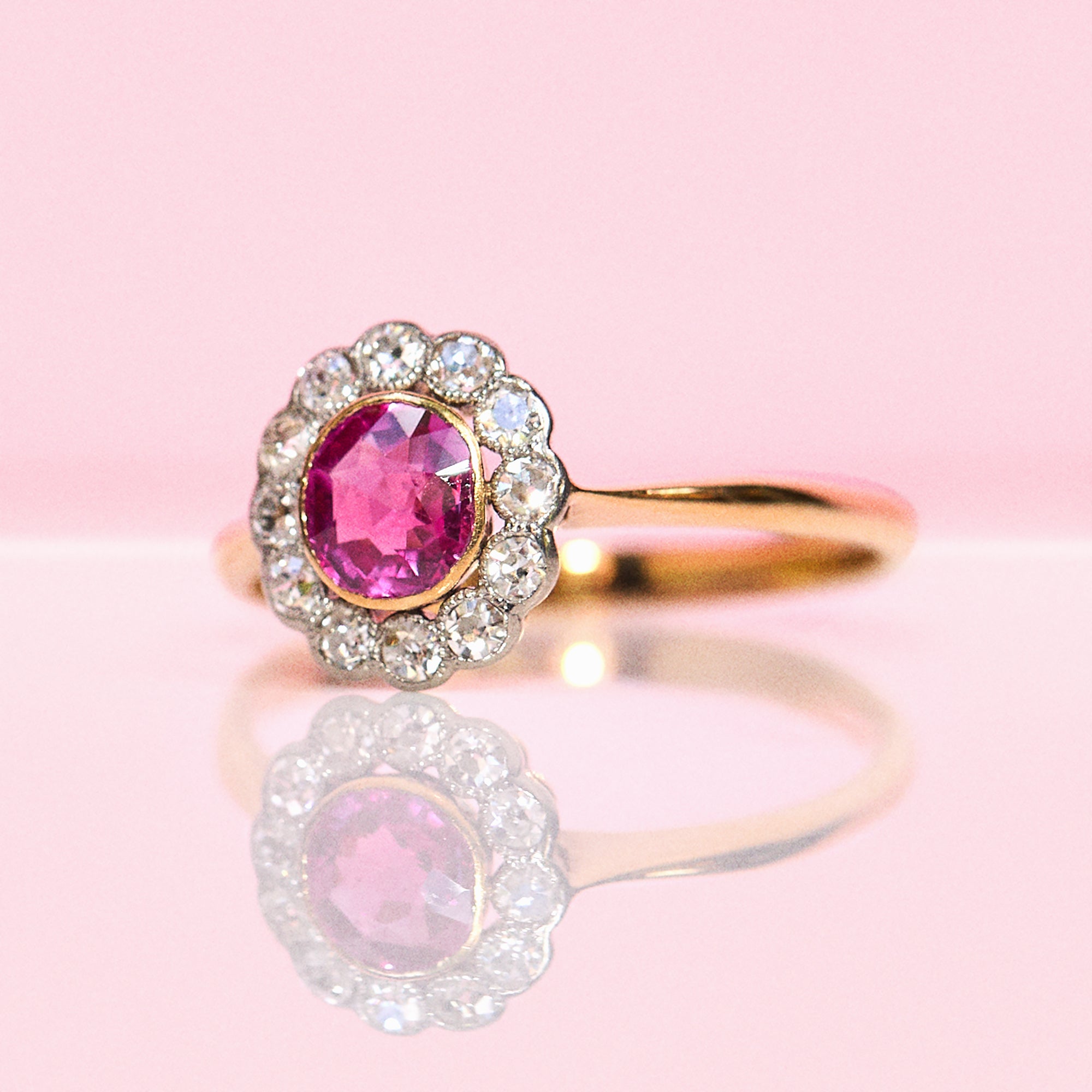 18ct gold old cut bezel set pink sapphire and diamond antique cluster ring