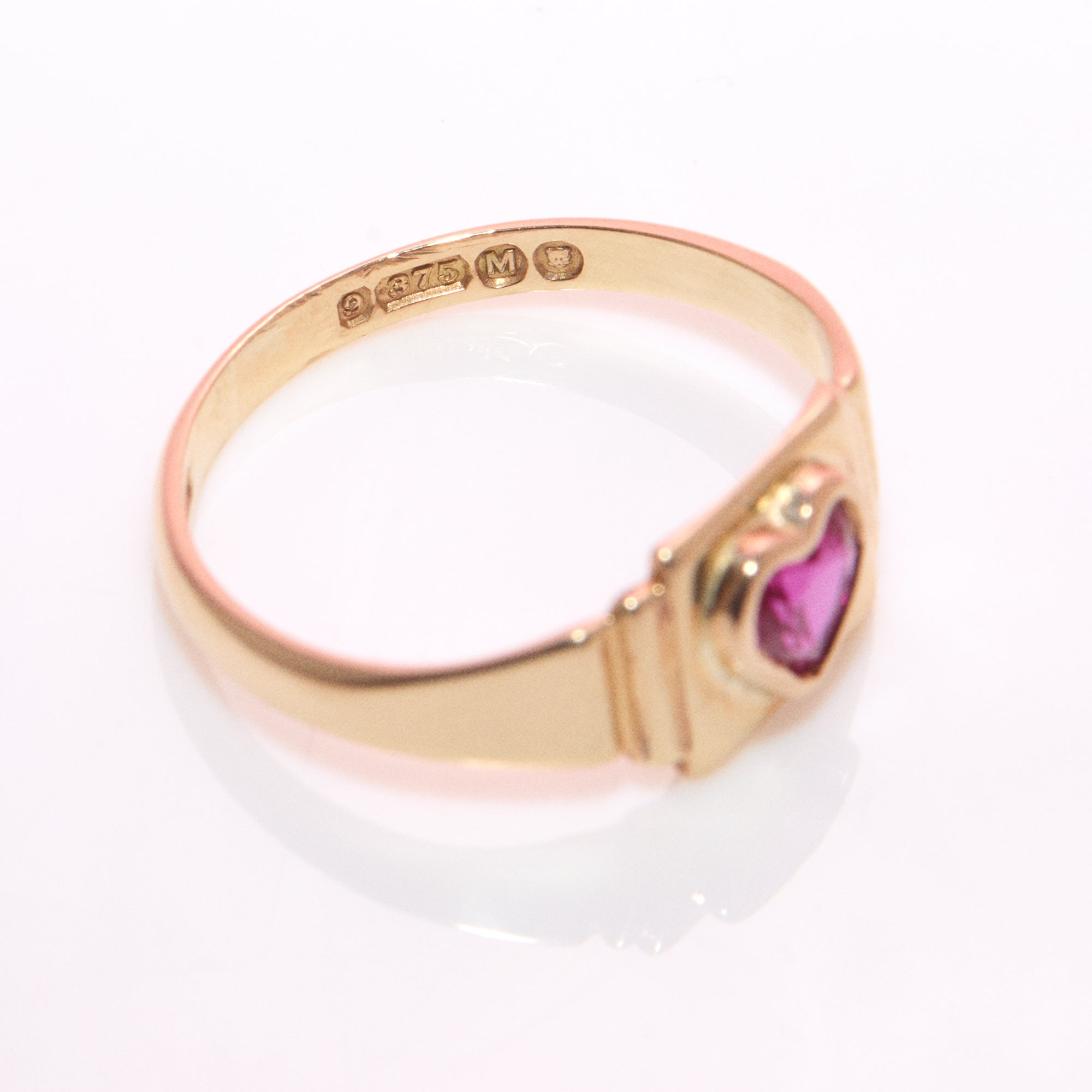 9ct gold heart shaped pink ruby vintage pinky ring from 1947