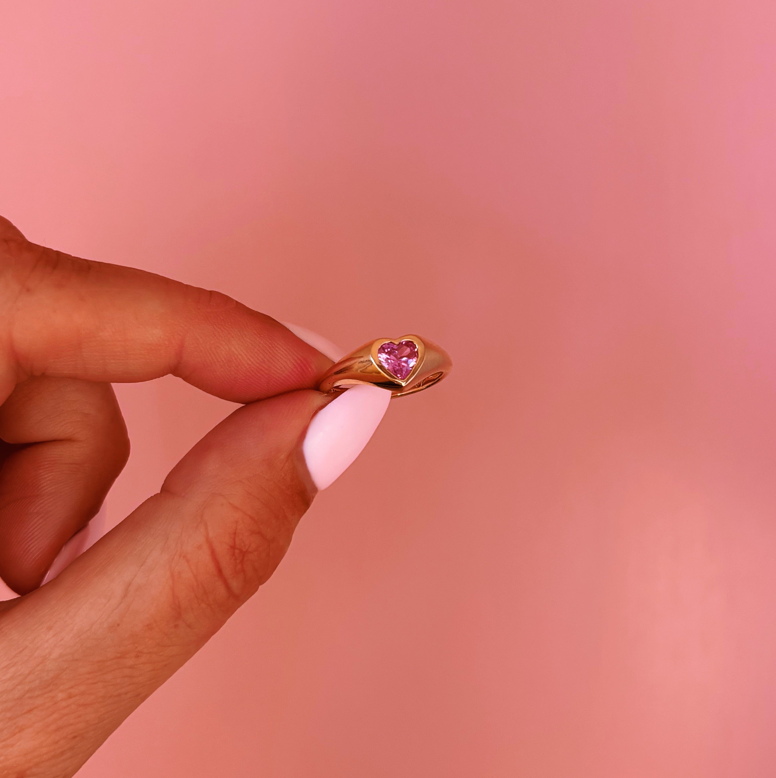 9ct gold heart shaped pink sapphire signet pinky ring (made to order)