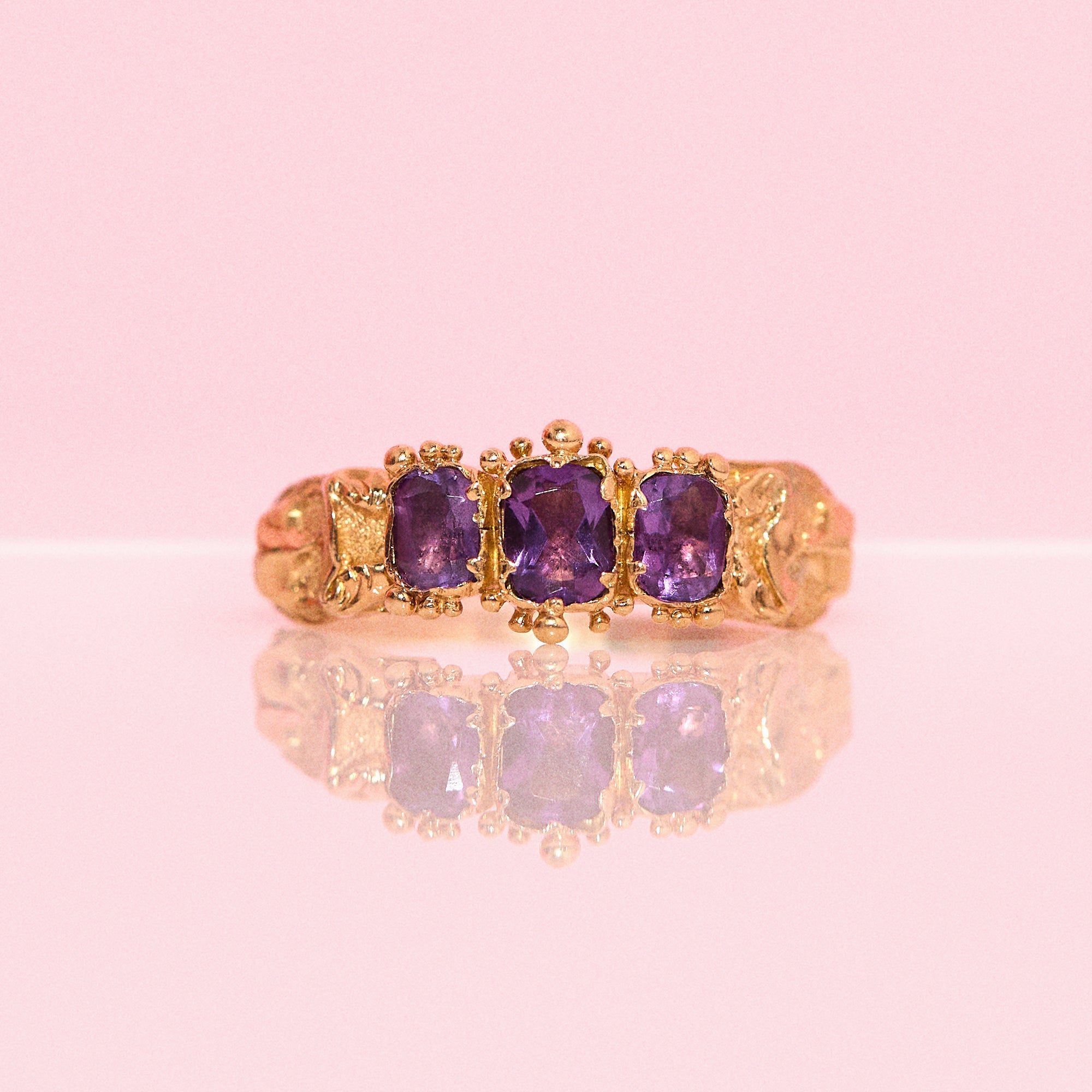 15ct gold three stone amethyst foil back ring