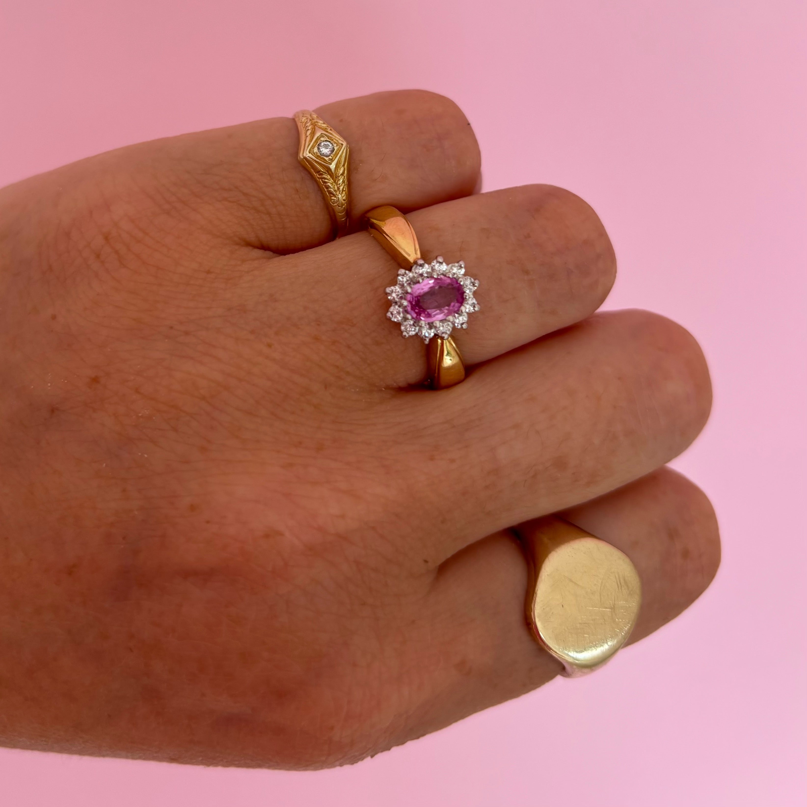 18ct gold pink sapphire and diamond cluster ring