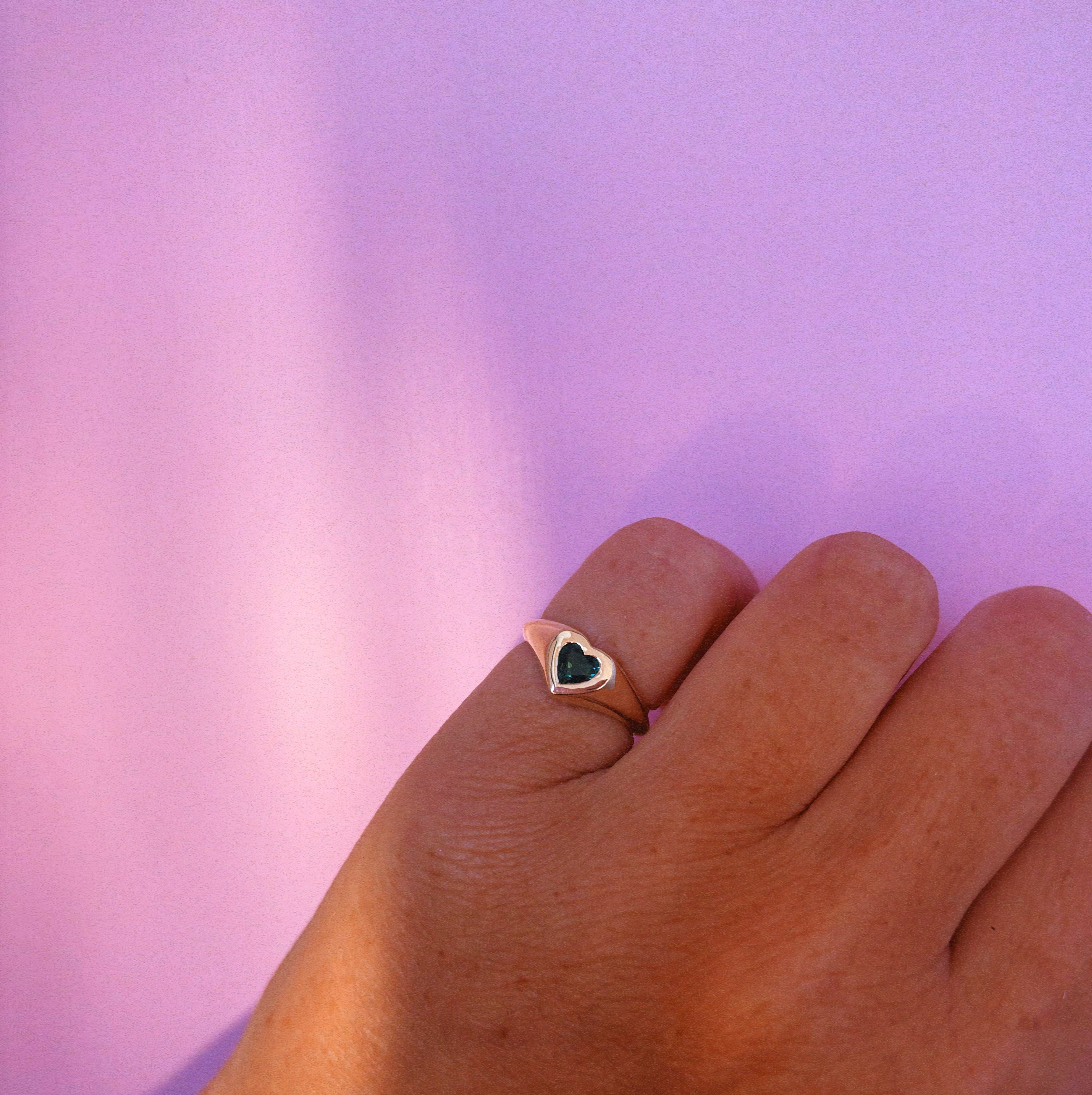 9ct gold heart shaped teal sapphire signet pinky ring (made to order)
