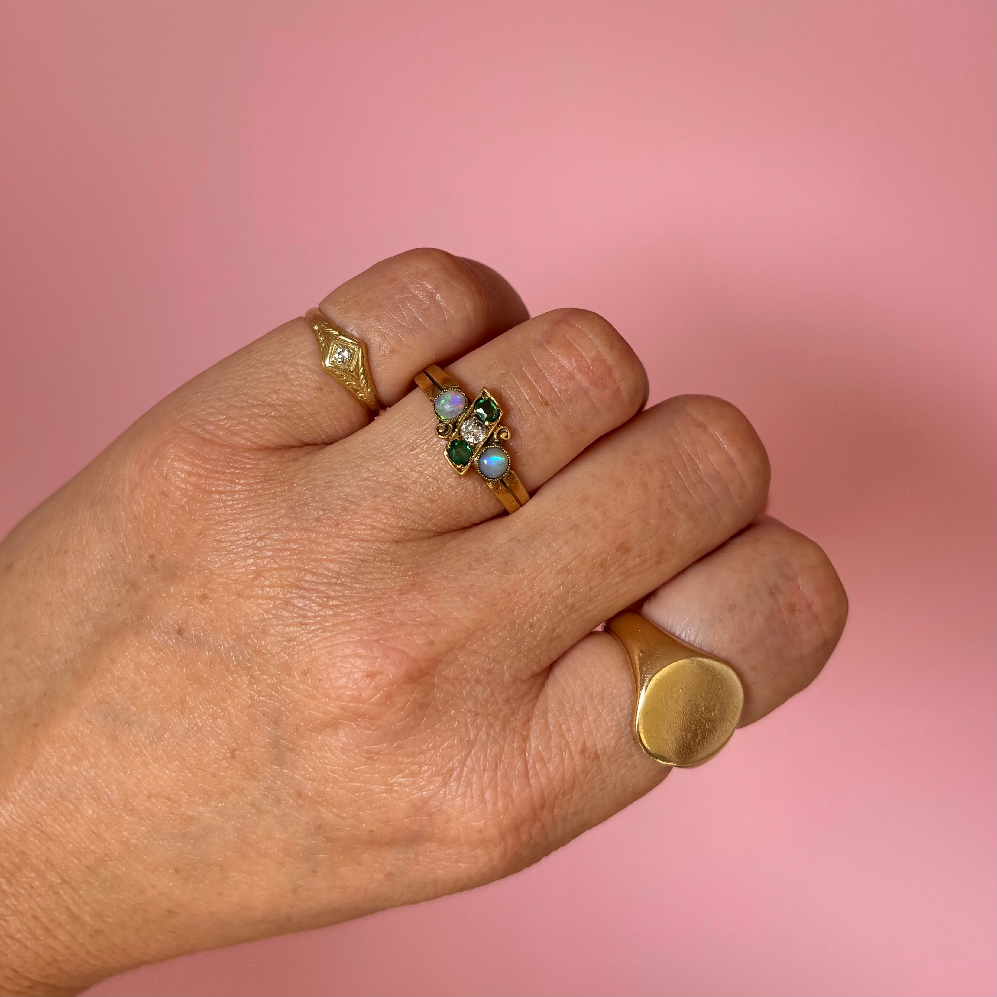 18ct gold opal, emerald and old cut diamond ring from 1902