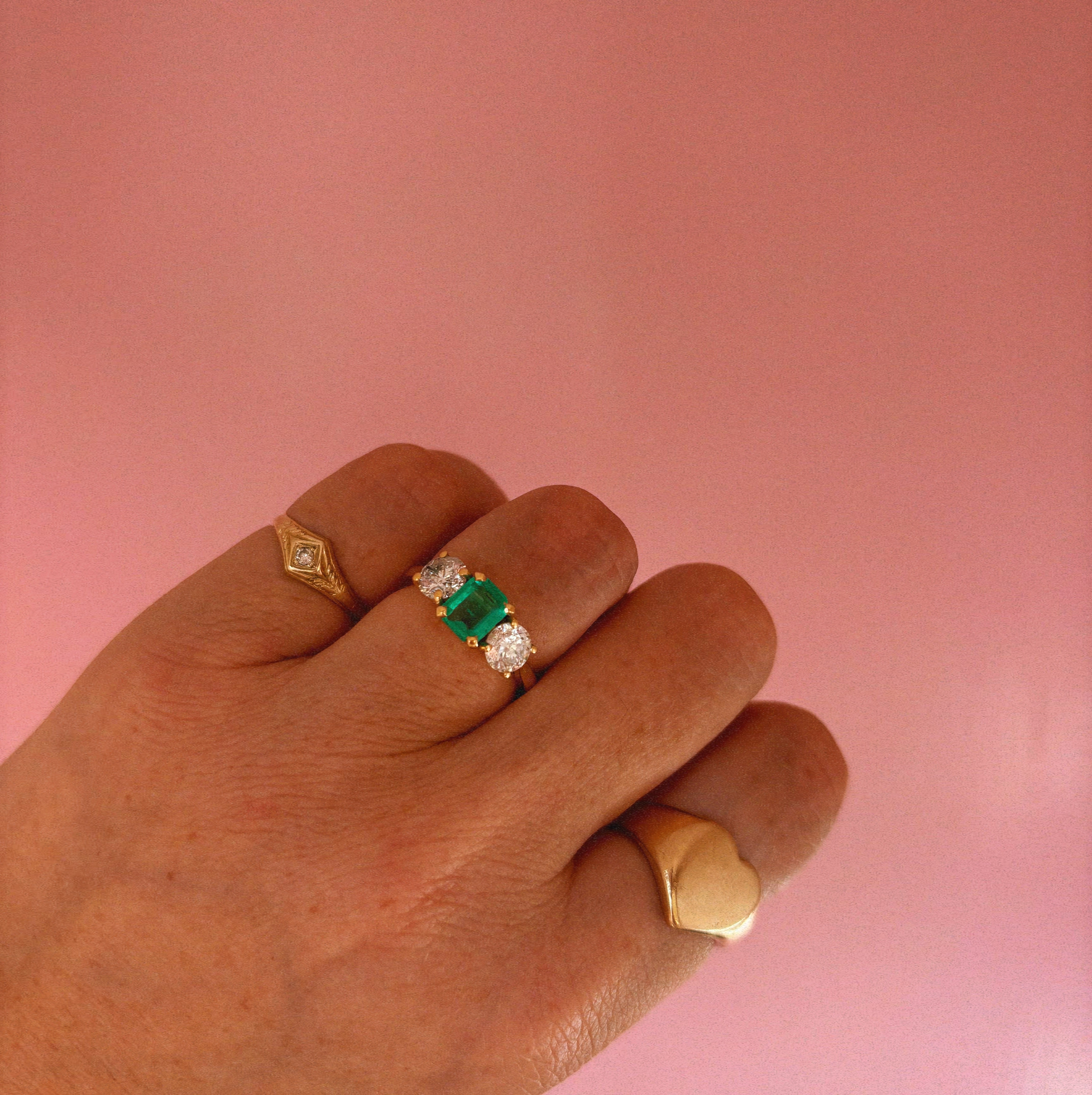 18ct gold Columbian emerald and diamond three stone ring (made to order)