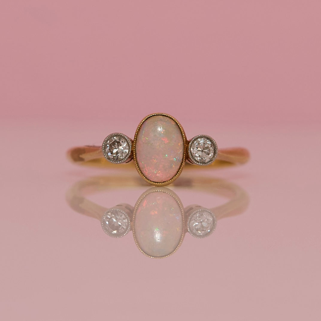 18ct gold Victorian bezel set opal and diamond ring