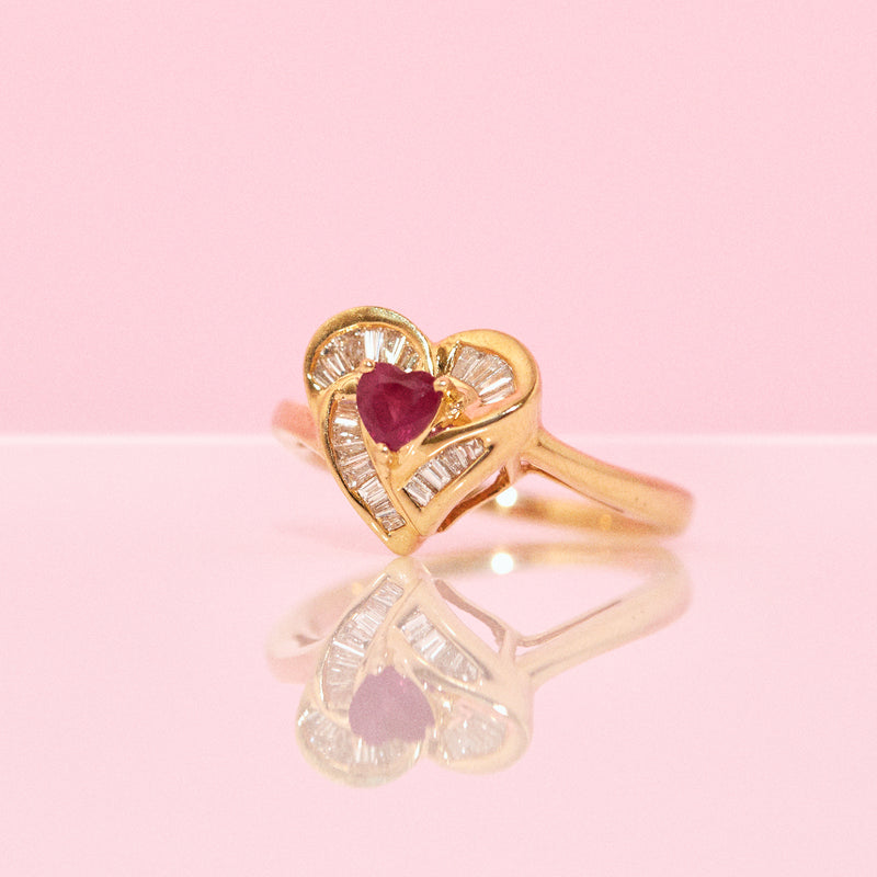 14ct gold heart shaped ruby and diamond ring