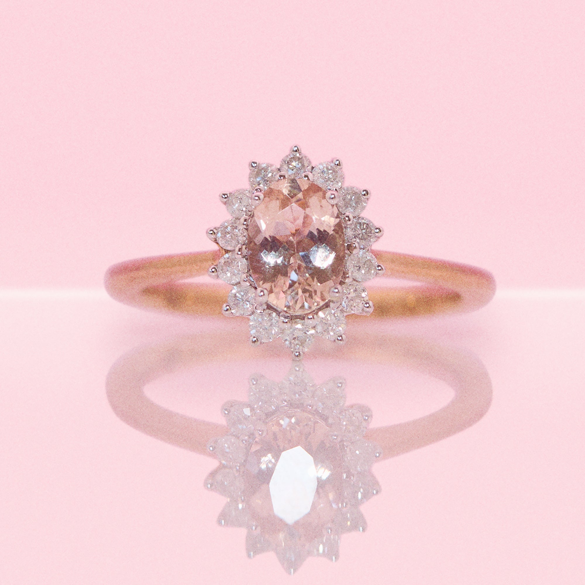 9ct rose gold 0.67ct morganite and 0.26ct diamond cluster ring