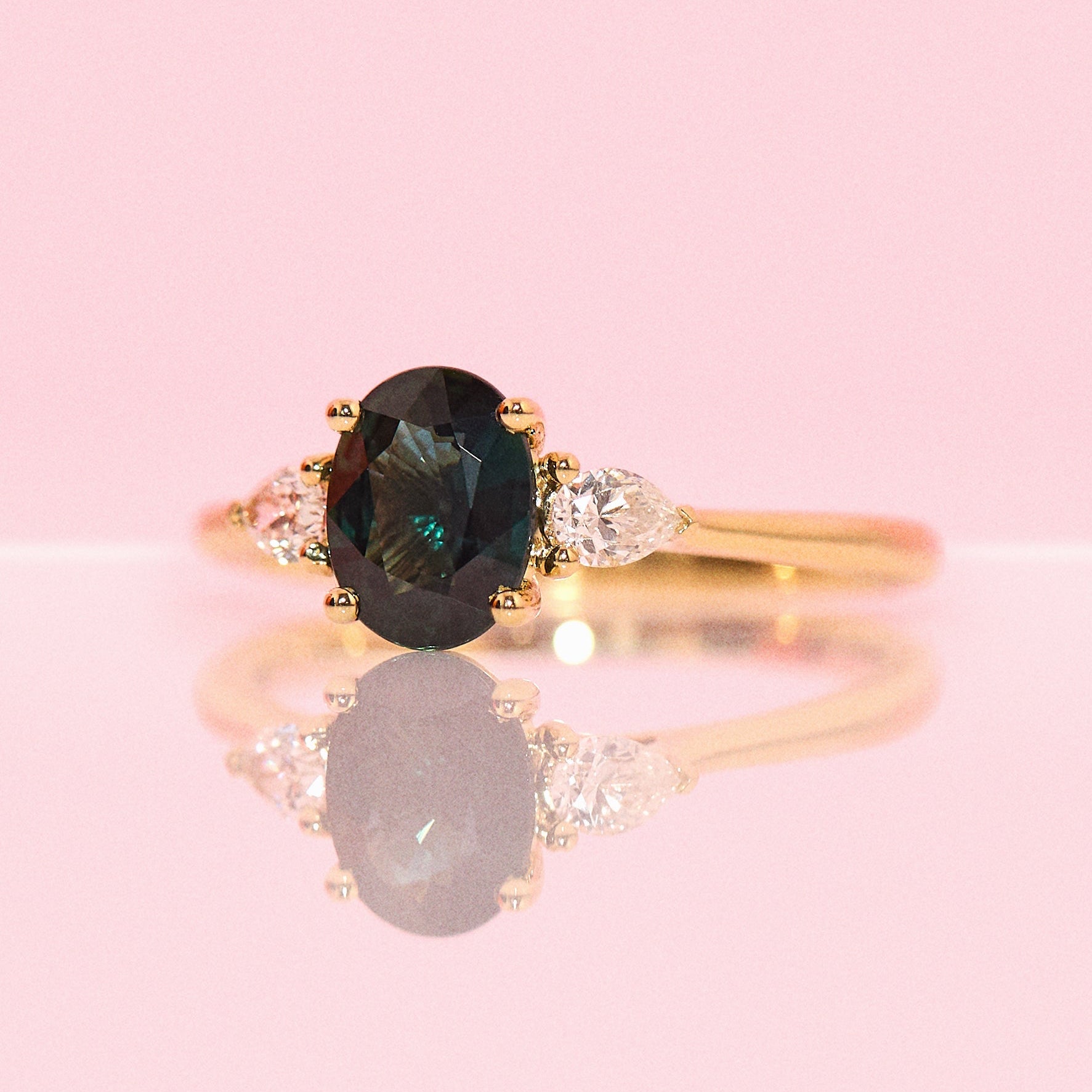 18ct gold 1.42ct green sapphire and diamond three stone ring (made to order)