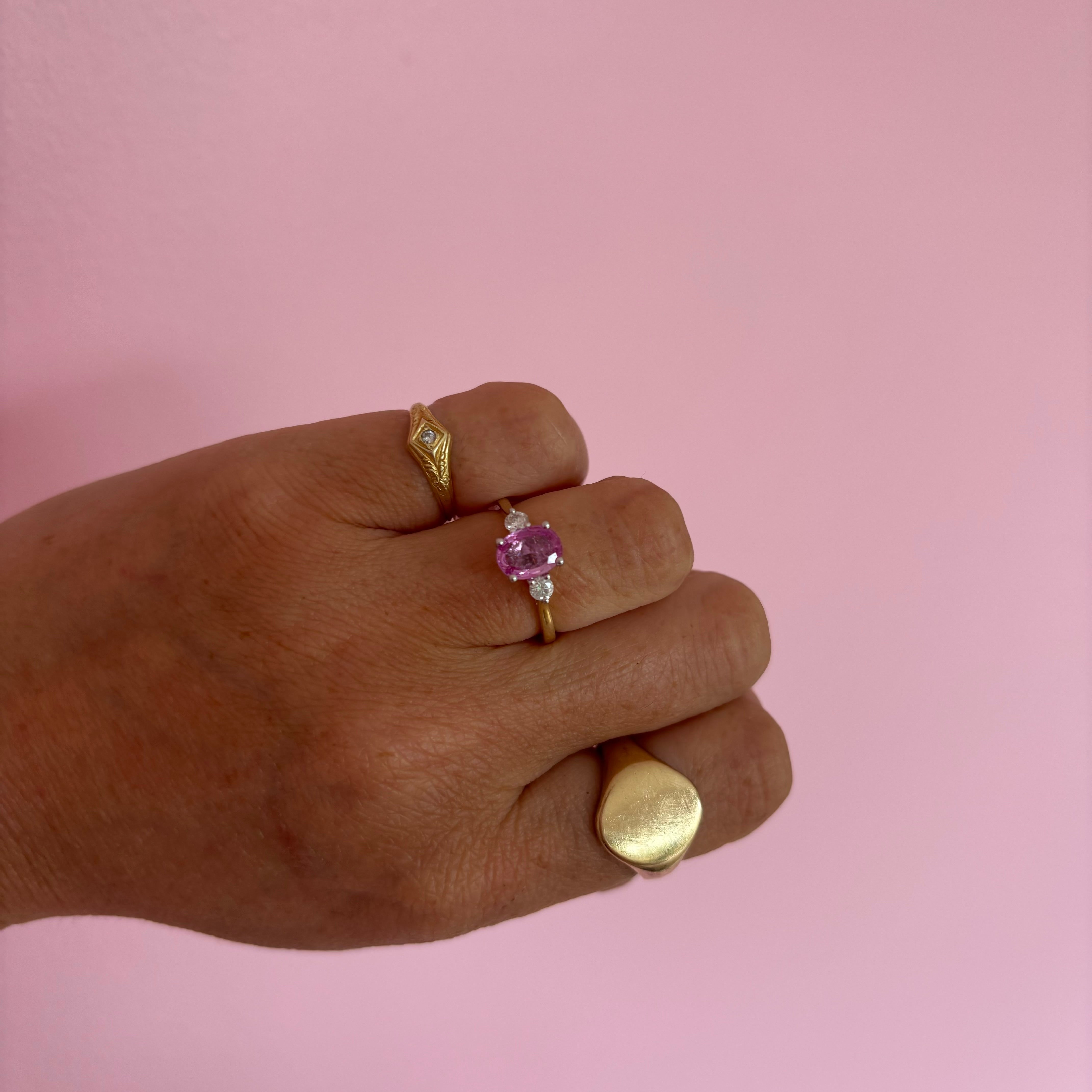 9ct gold pink sapphire and diamond three stone ring