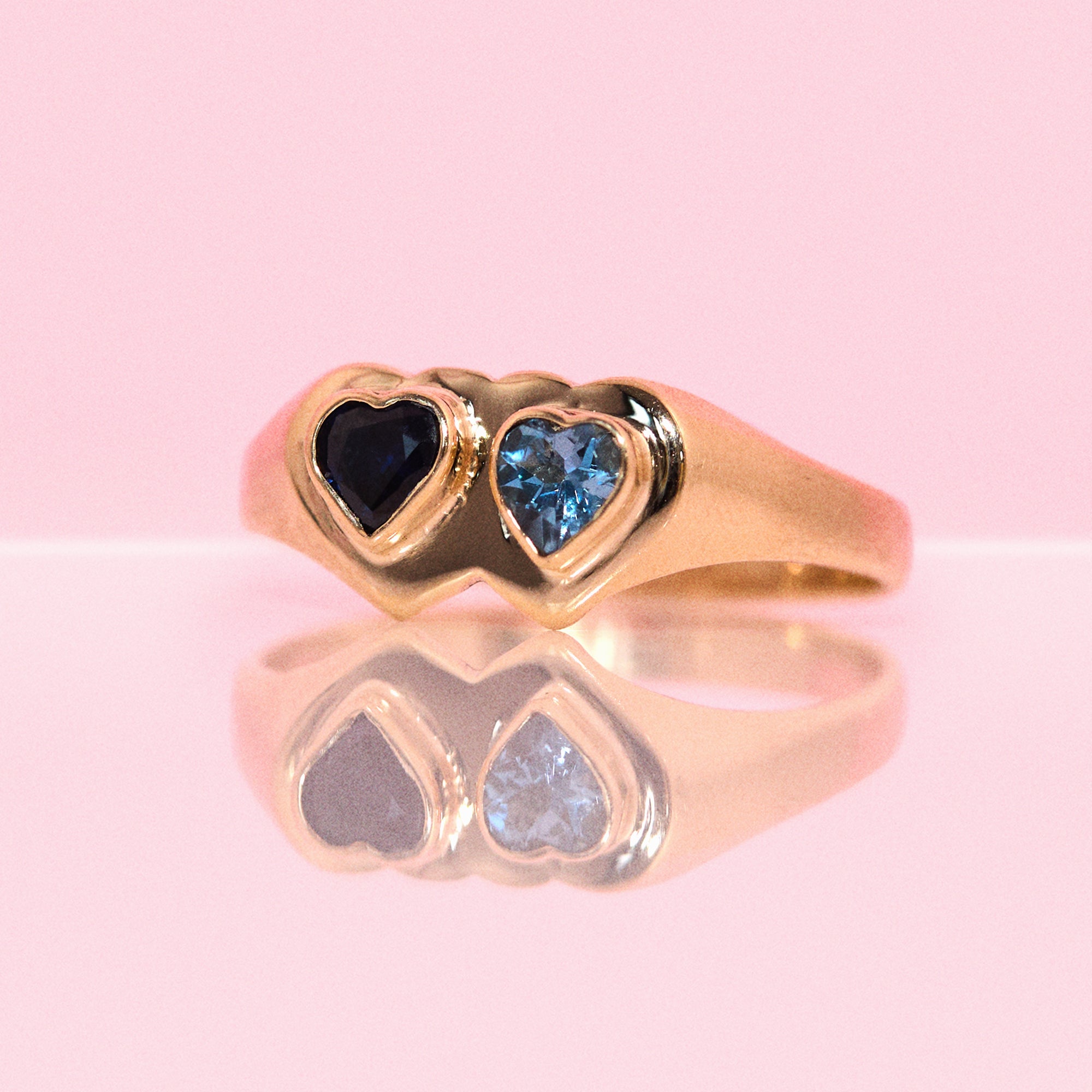 9ct gold bezel set aquamarine and sapphire double heart shaped signet ring (made to order)