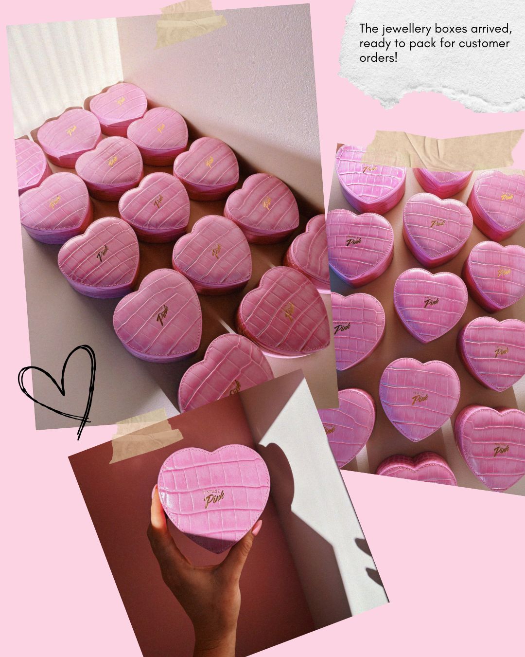 Heart-shaped pink faux croc and red velvet jewellery box (large)