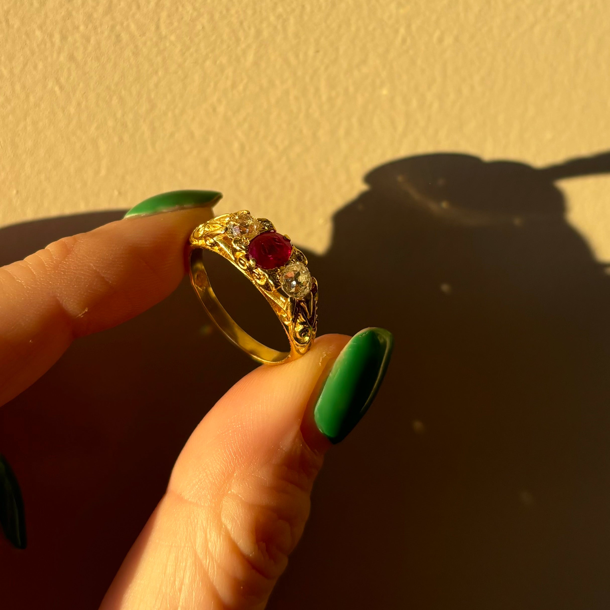 18ct gold Victorian 0.60ct ruby and diamond three stone ring