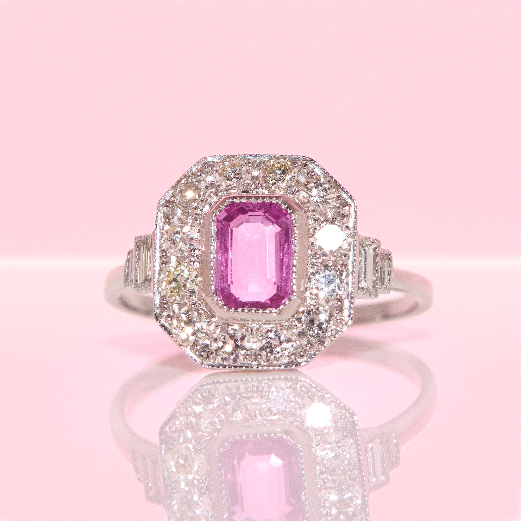 Platinum pink Sapphire and diamond ring