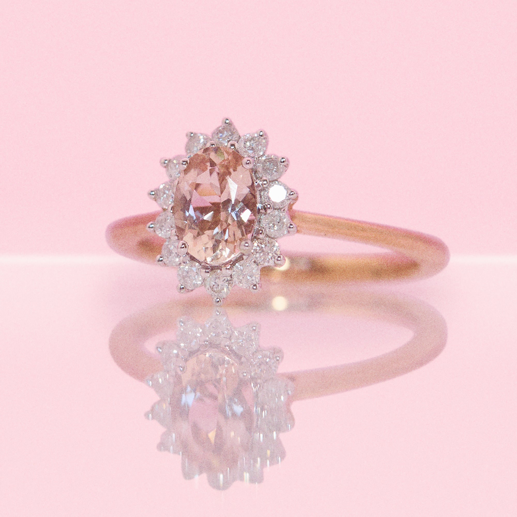 9ct rose gold 0.67ct morganite and 0.26ct diamond cluster ring