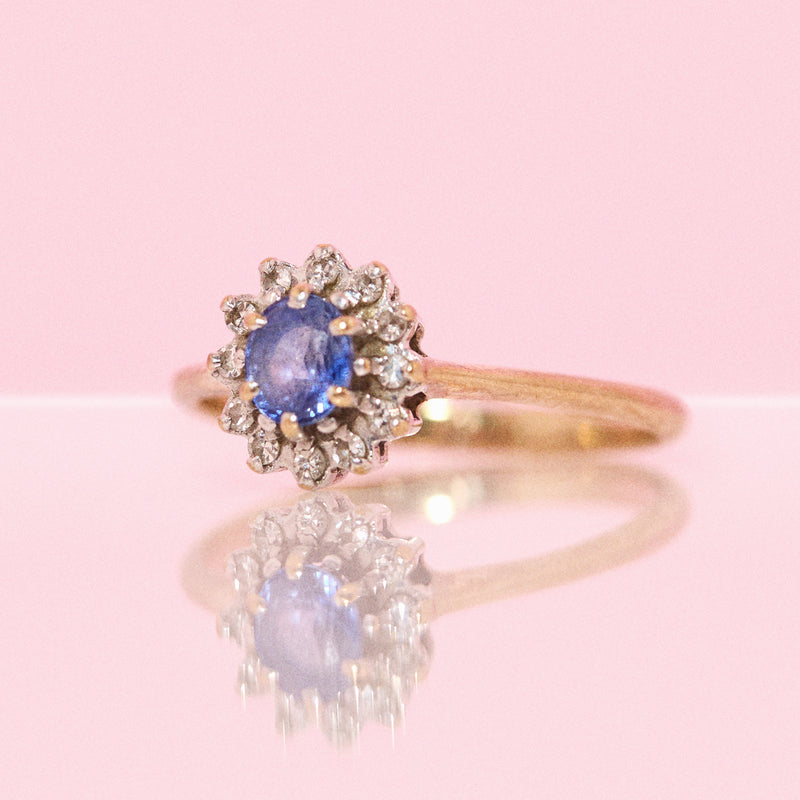 9ct gold sapphire and diamond cluster ring