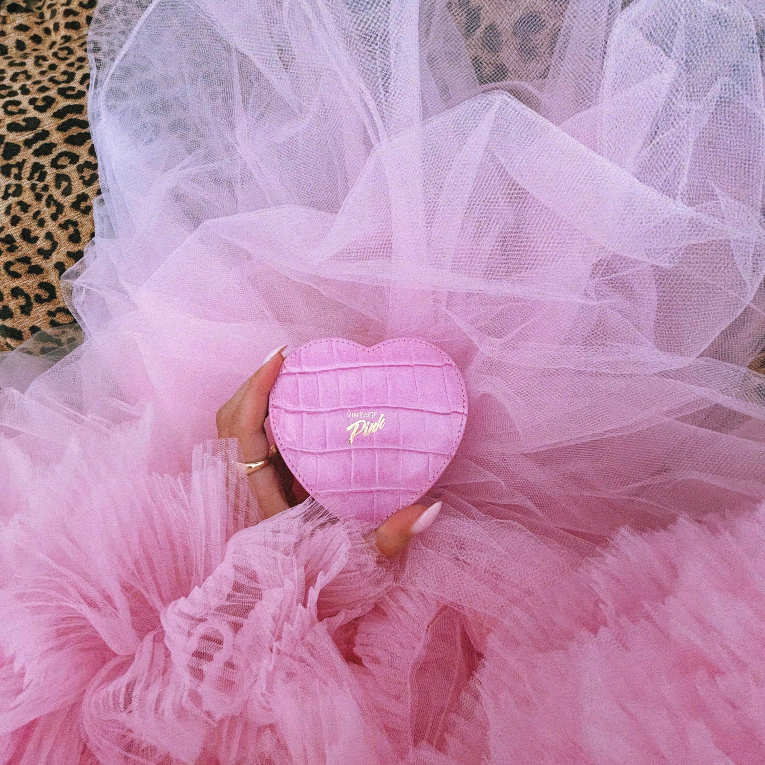 Heart-shaped pink faux croc and red velvet jewellery box (pre-order for Christmas)