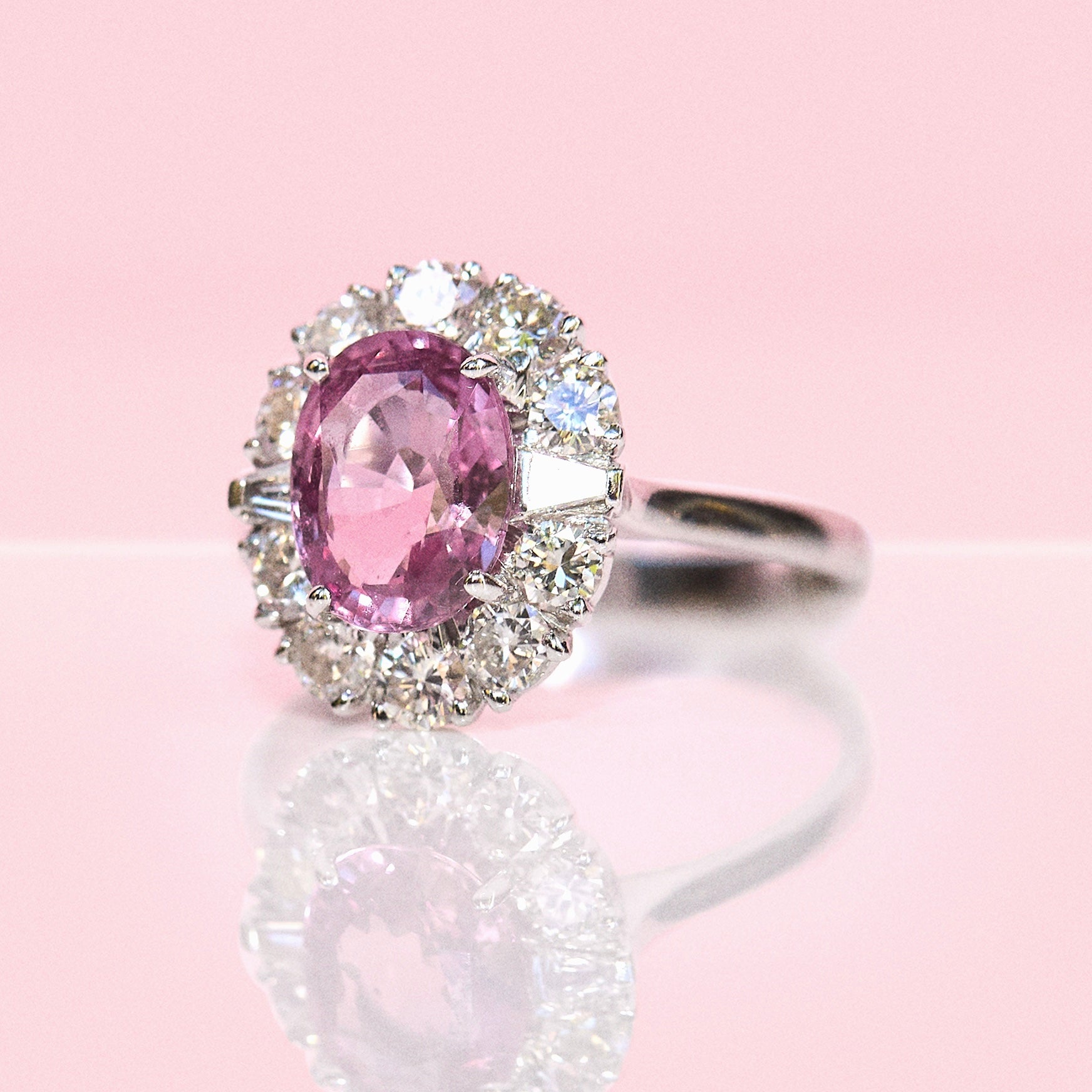 18ct white gold pink sapphire and diamond cluster ring