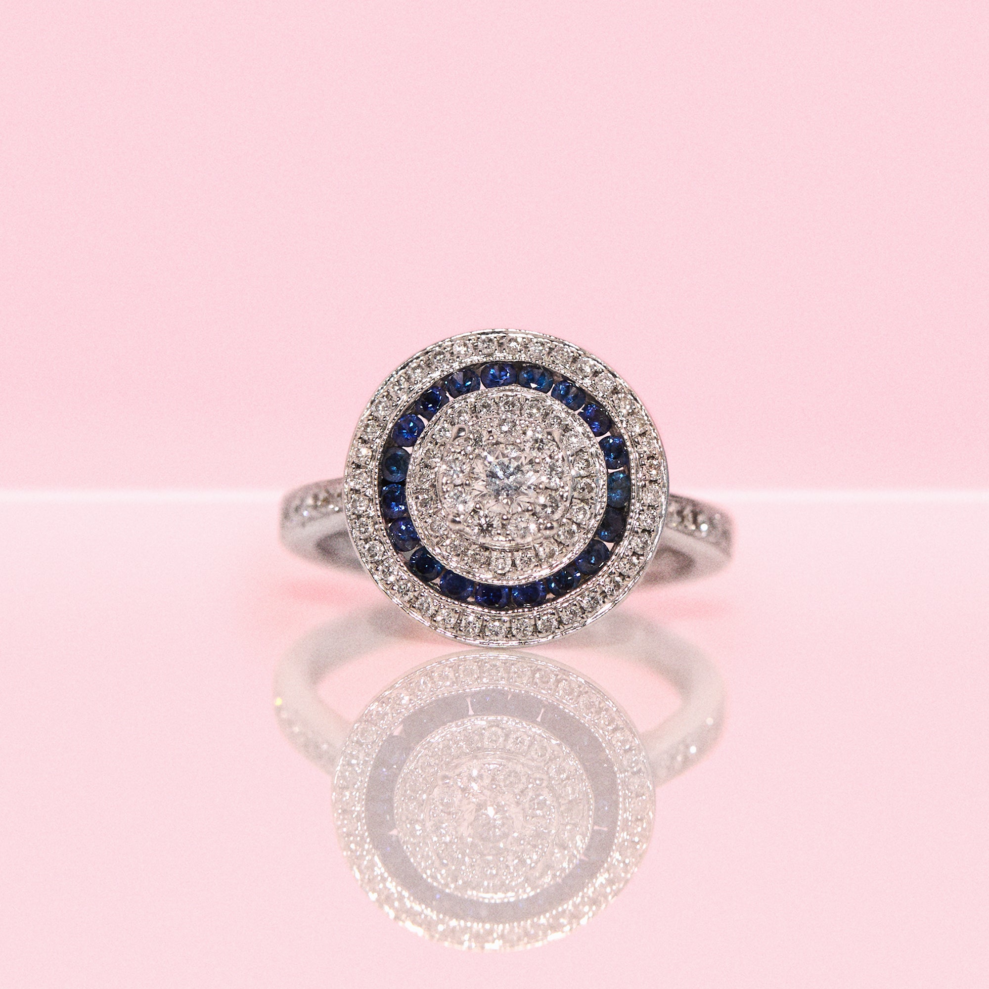 18ct white gold sapphire and diamond target ring