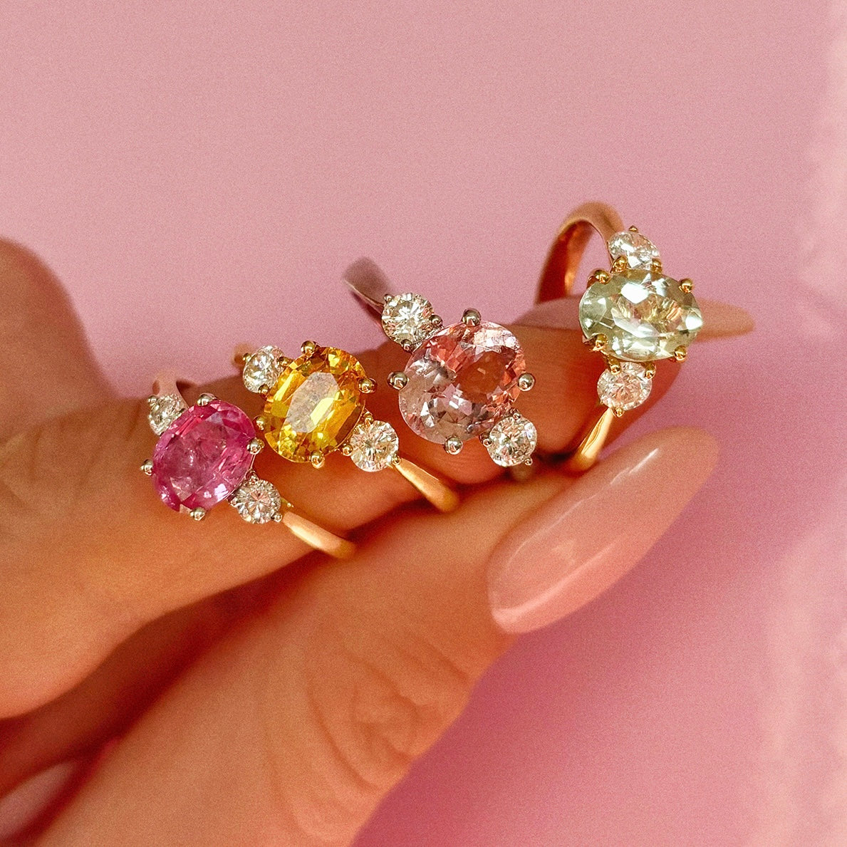 Platinum morganite and diamond three stone ring