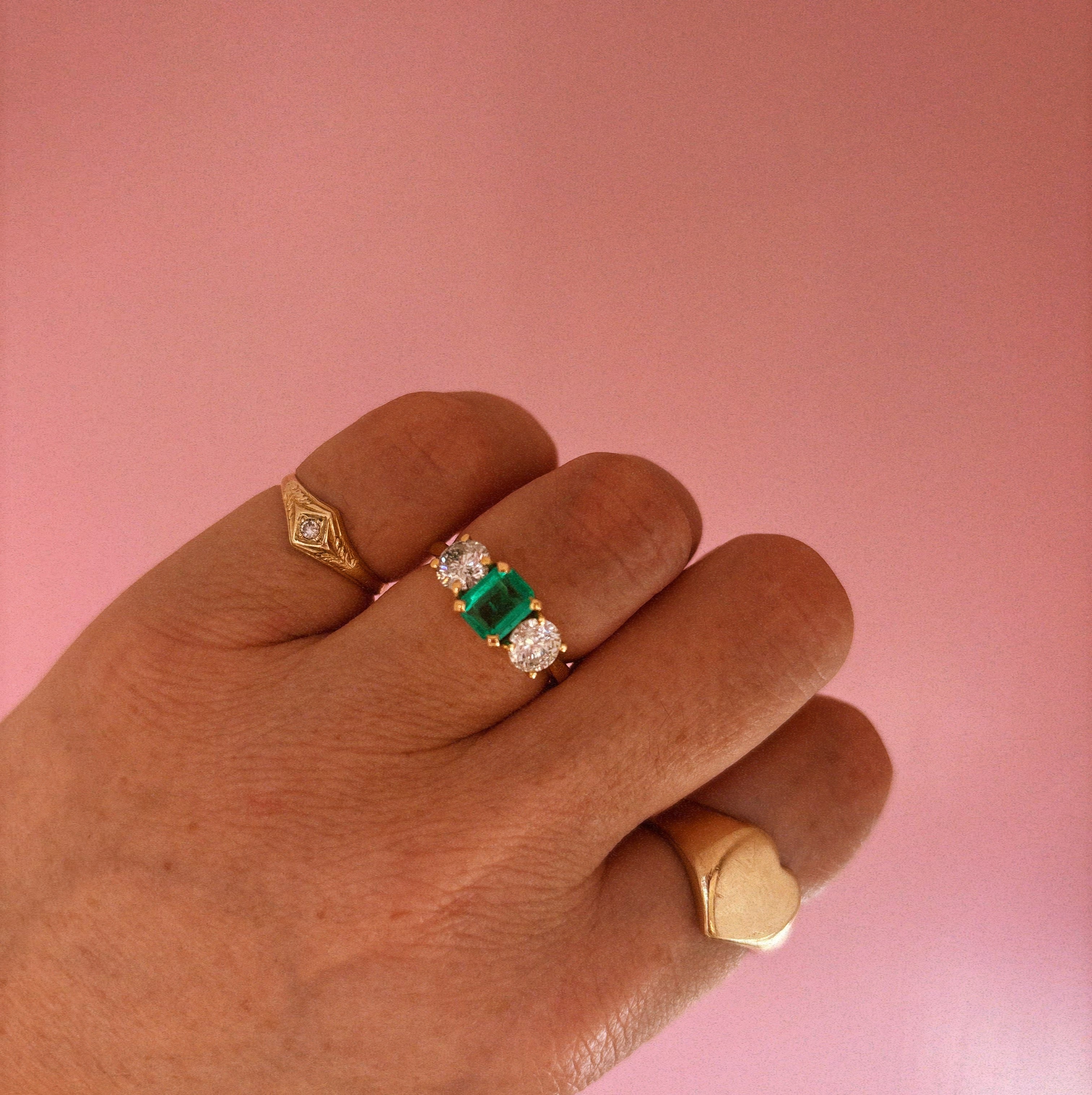 18ct gold Columbian emerald and diamond three stone ring (made to order)
