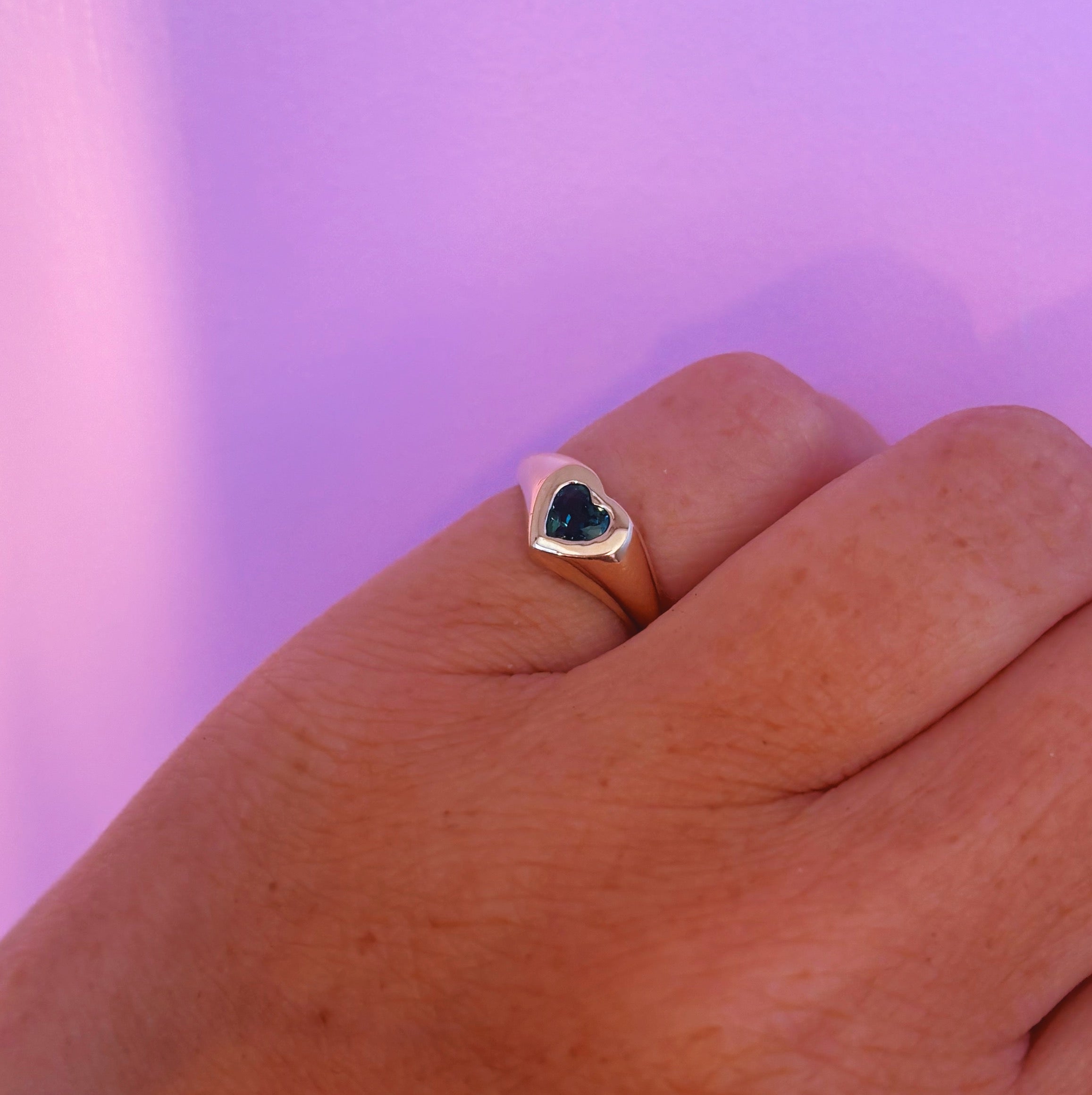 9ct gold heart shaped teal sapphire signet pinky ring (made to order)
