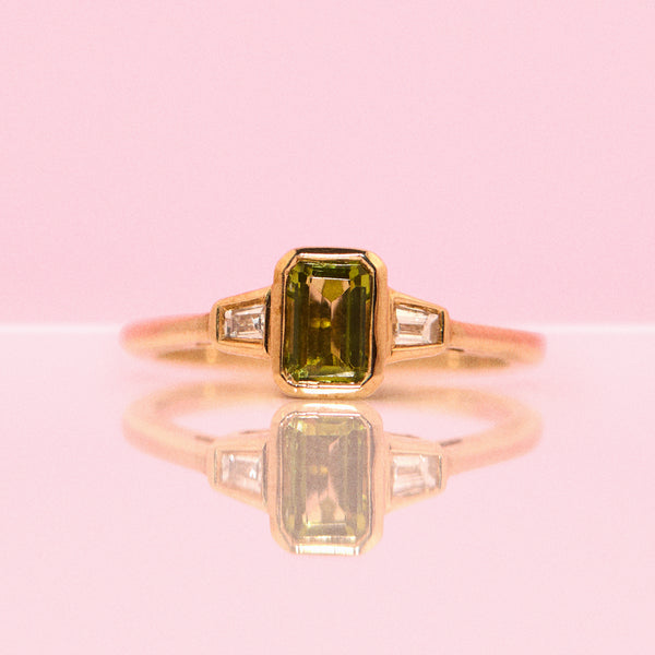 9ct gold peridot and diamond three stone ring