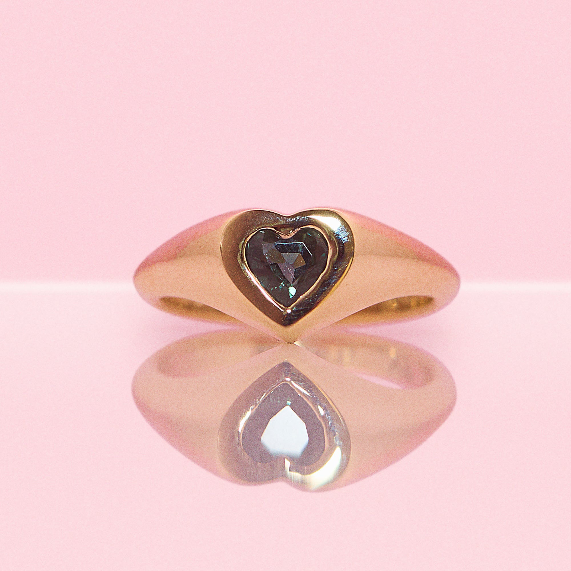 9ct gold heart shaped teal sapphire signet pinky ring (made to order)