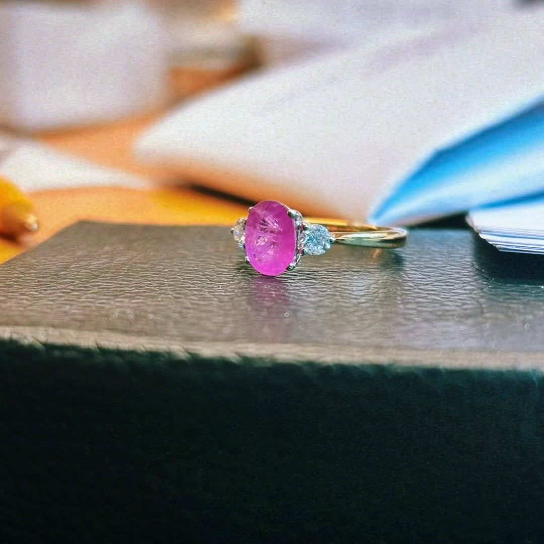 9ct gold 1.62ct pink sapphire and 0.21ct diamond three stone ring (made to order)