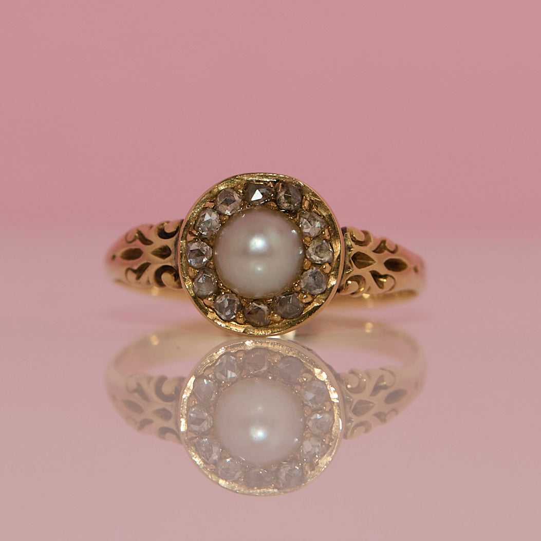 14ct gold Victorian pearl and rose cut diamond ring