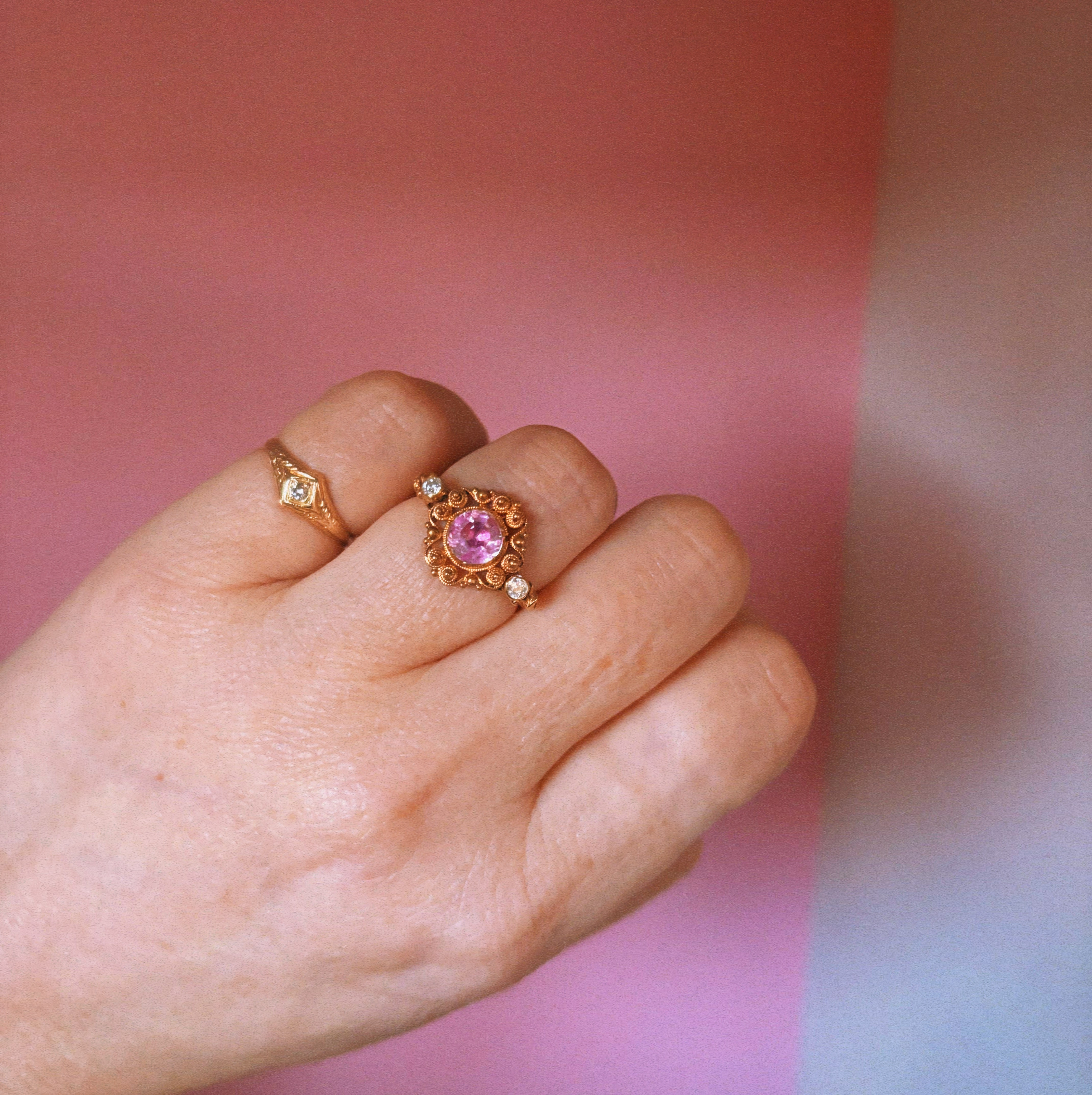 15ct gold pink topaz and diamond pin conversion antique ring