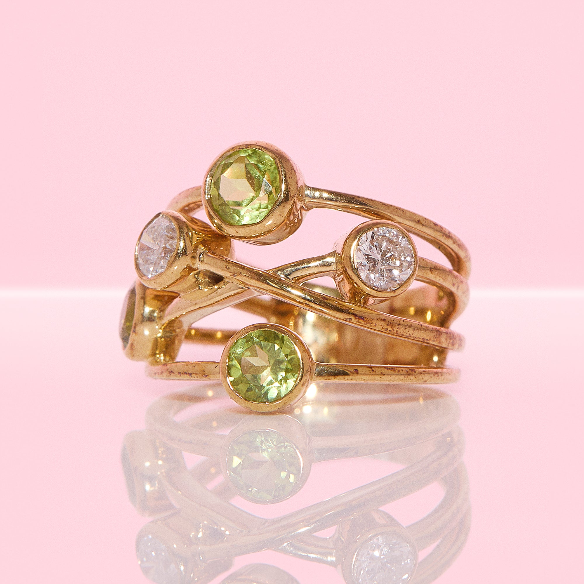 9ct gold bezel set peridot and diamond cluster ring (made to order)