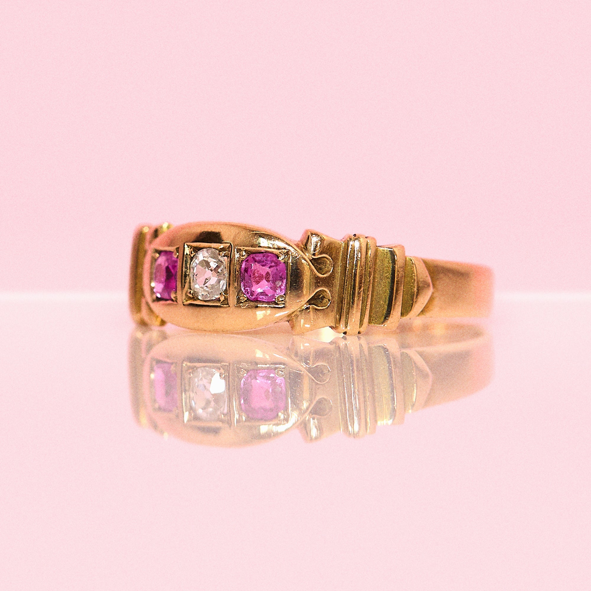 18ct gold Victorian pink sapphire and diamond three stone gypsy ring from 1882