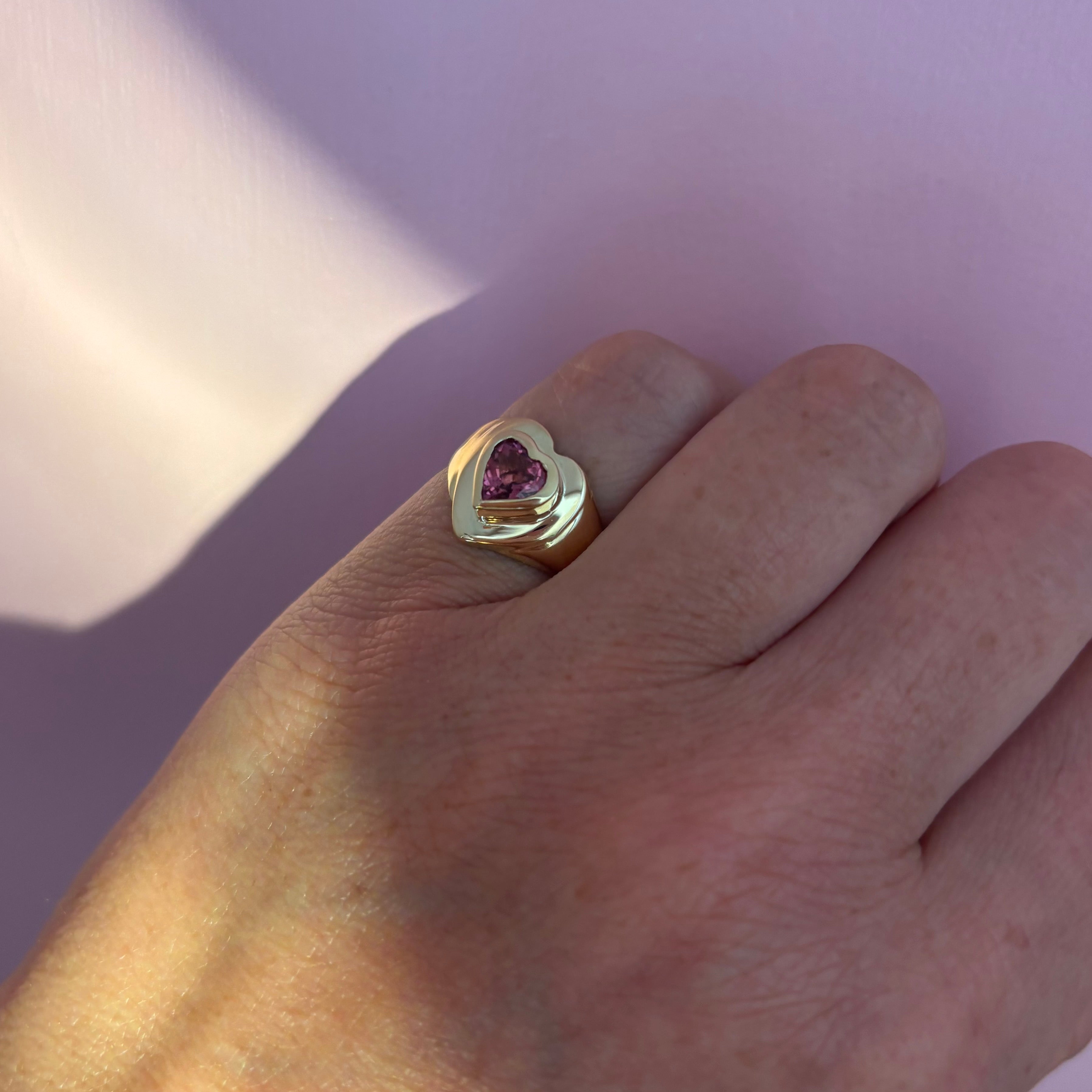 18ct gold heart shaped pink tourmaline antique pinky ring