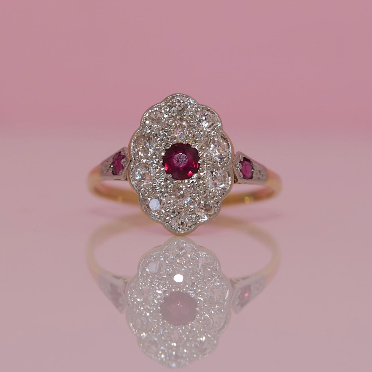18ct gold old cut ruby and diamond cluster ring