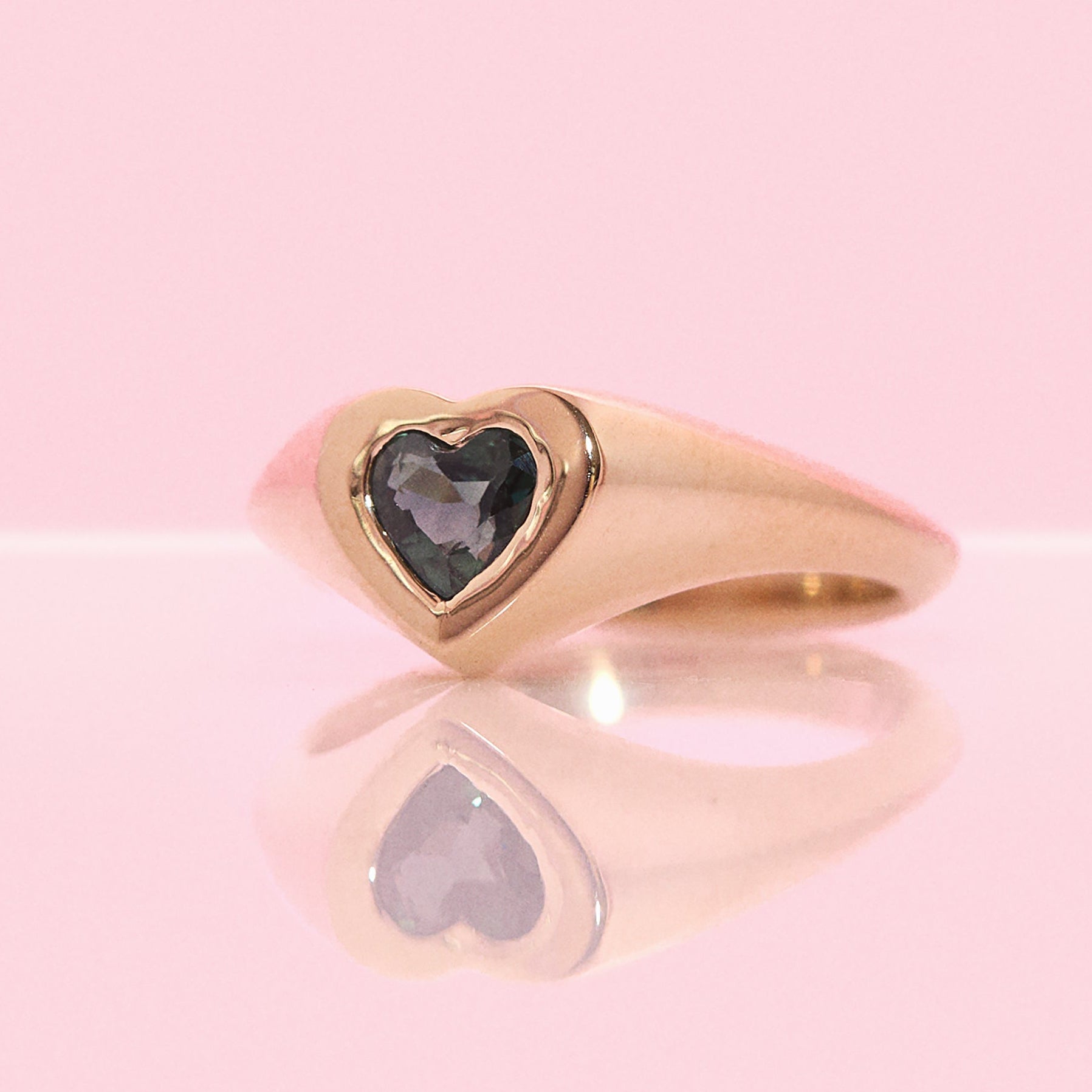9ct gold heart shaped teal sapphire signet pinky ring (made to order)