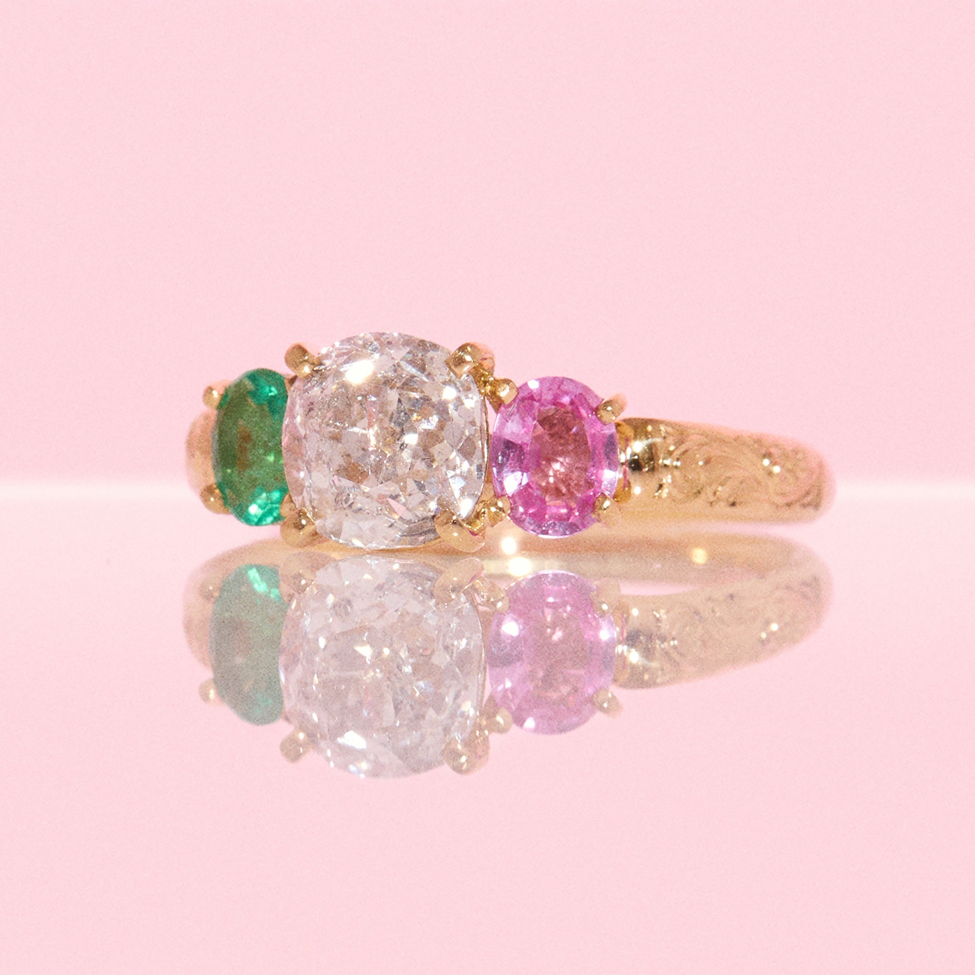 18ct yellow gold 1.57ct old cut vintage diamond, emerald and pink sapphire ‘Two Become One’ engraved ring (made to order)