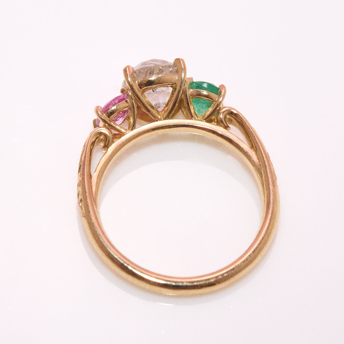 18ct yellow gold 1.569ct old cut vintage diamond, emerald and pink sapphire ‘Two Become One’ engraved ring