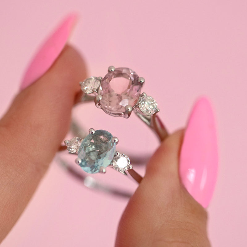 Platinum morganite and diamond three stone ring