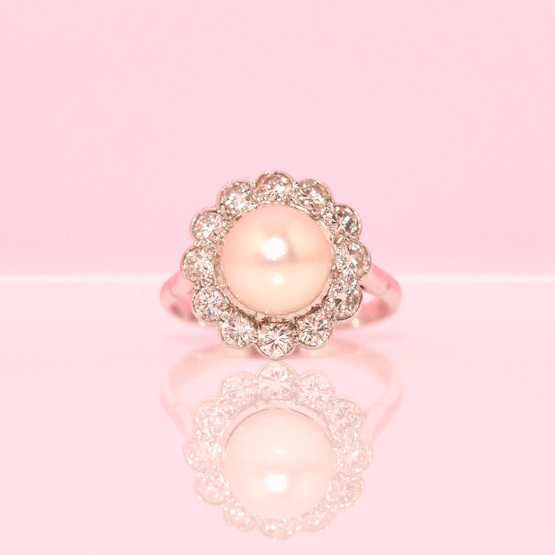 Platinum pearl and diamond ring