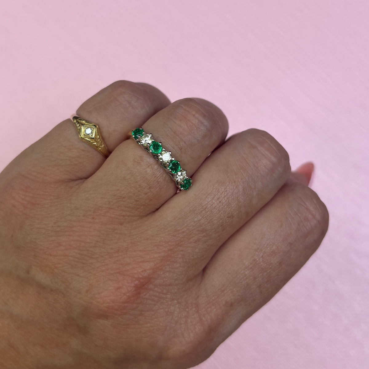Vintage 18ct gold emerald and diamond half eternity ring
