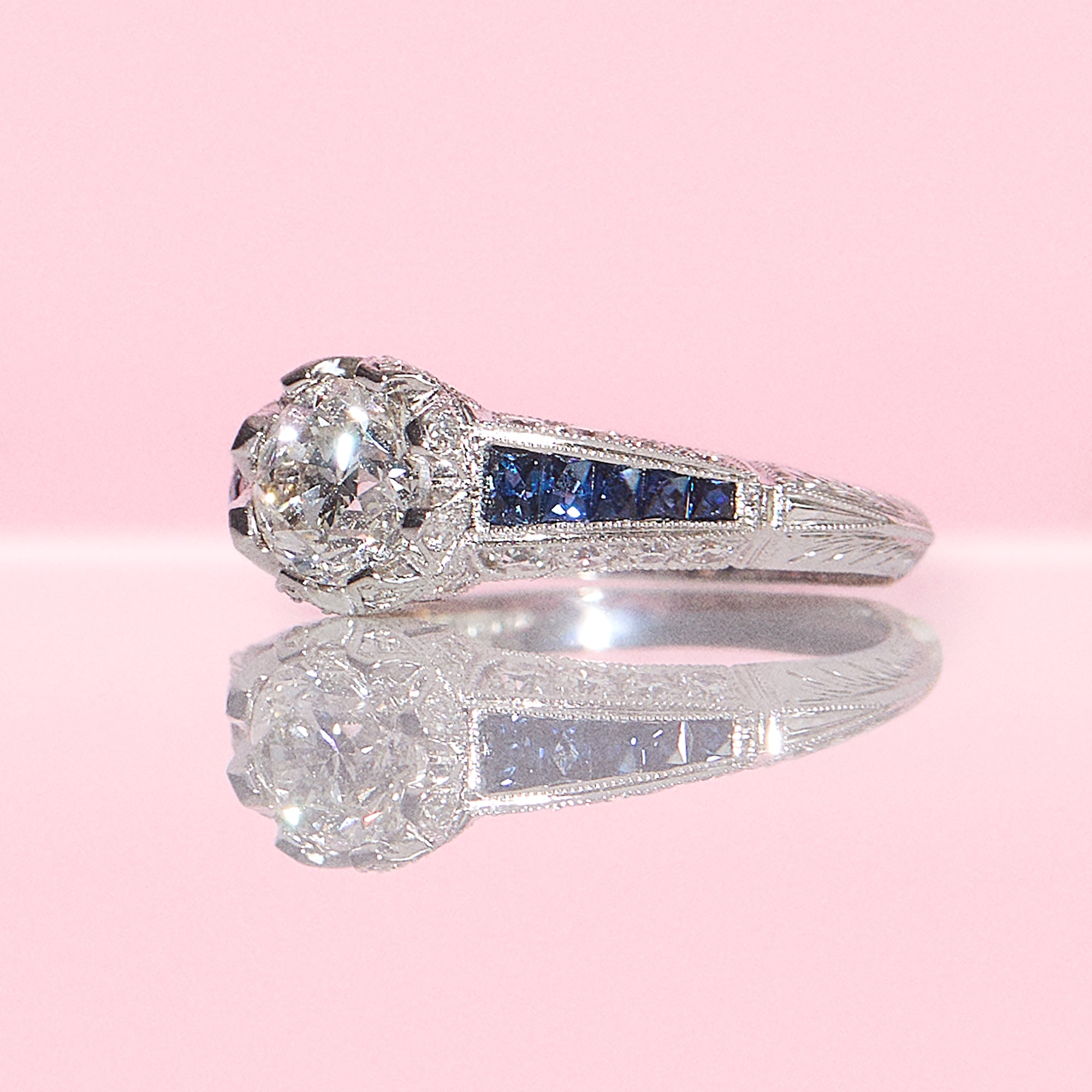 18ct gold 1.0ct old cut Diamond and sapphire ring