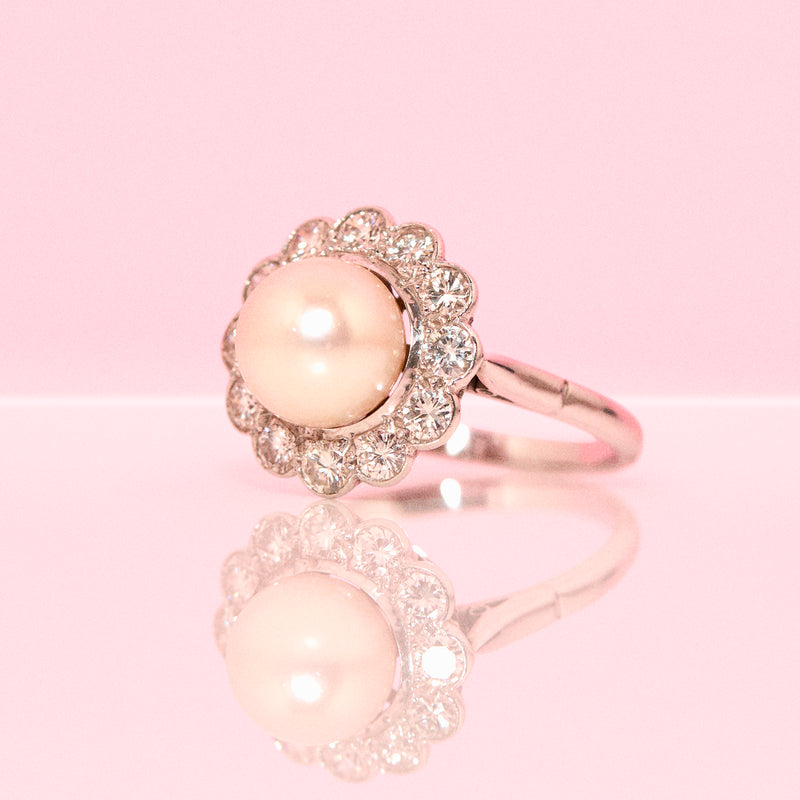 Platinum pearl and diamond ring