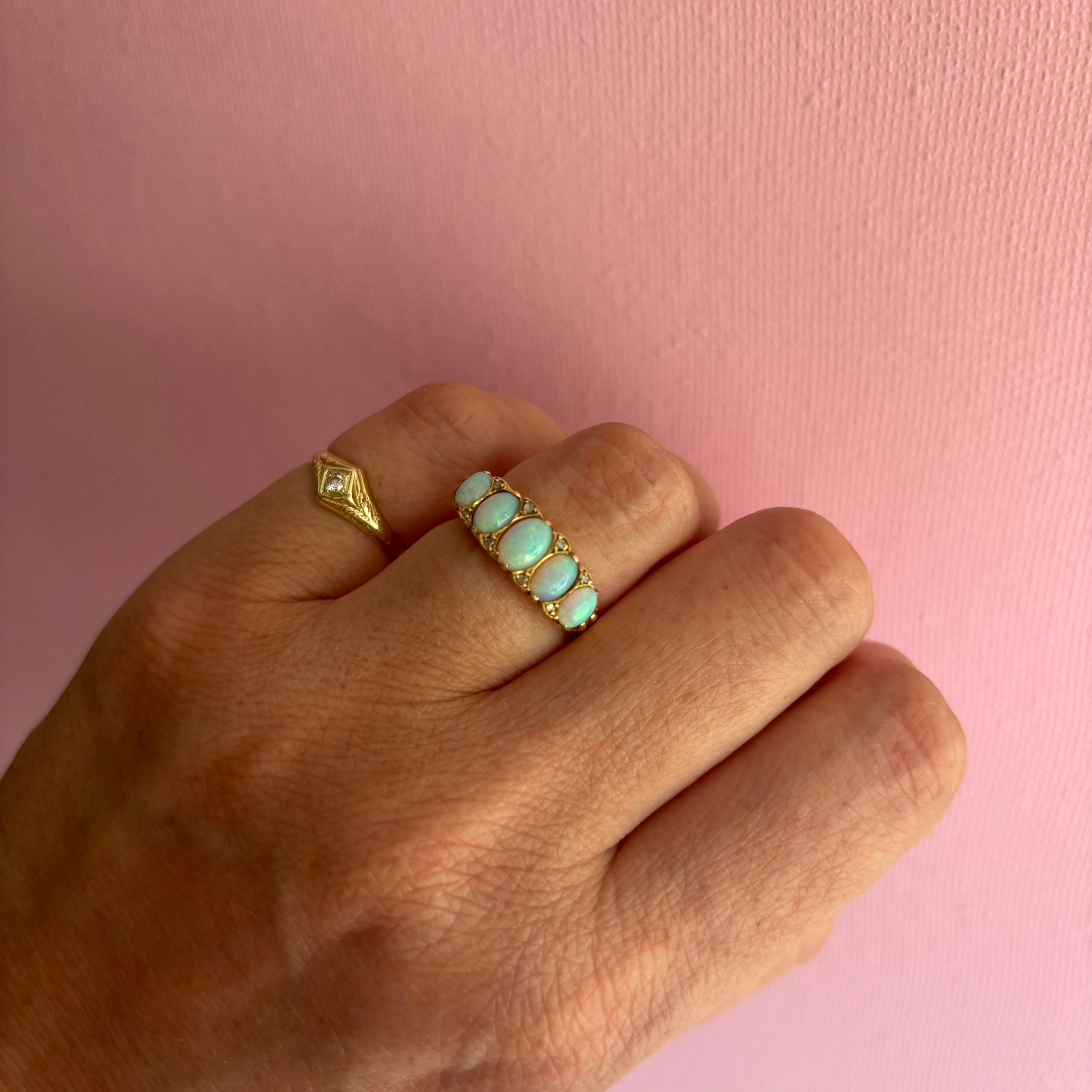 18ct gold round opal and diamond five stone ring