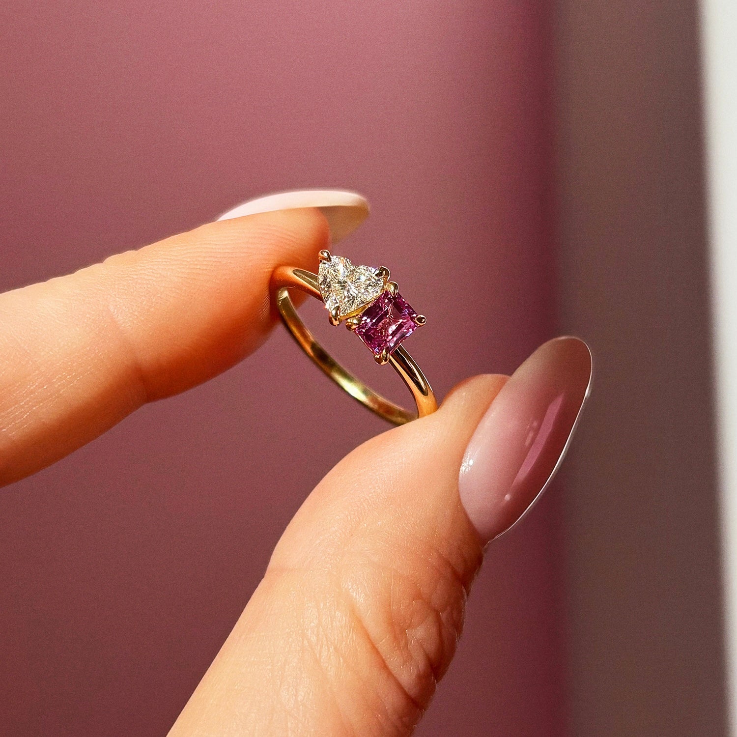 18ct gold ‘toi et moi’ 0.46ct heart-shaped diamond and 0.60ct pink sapphire ring