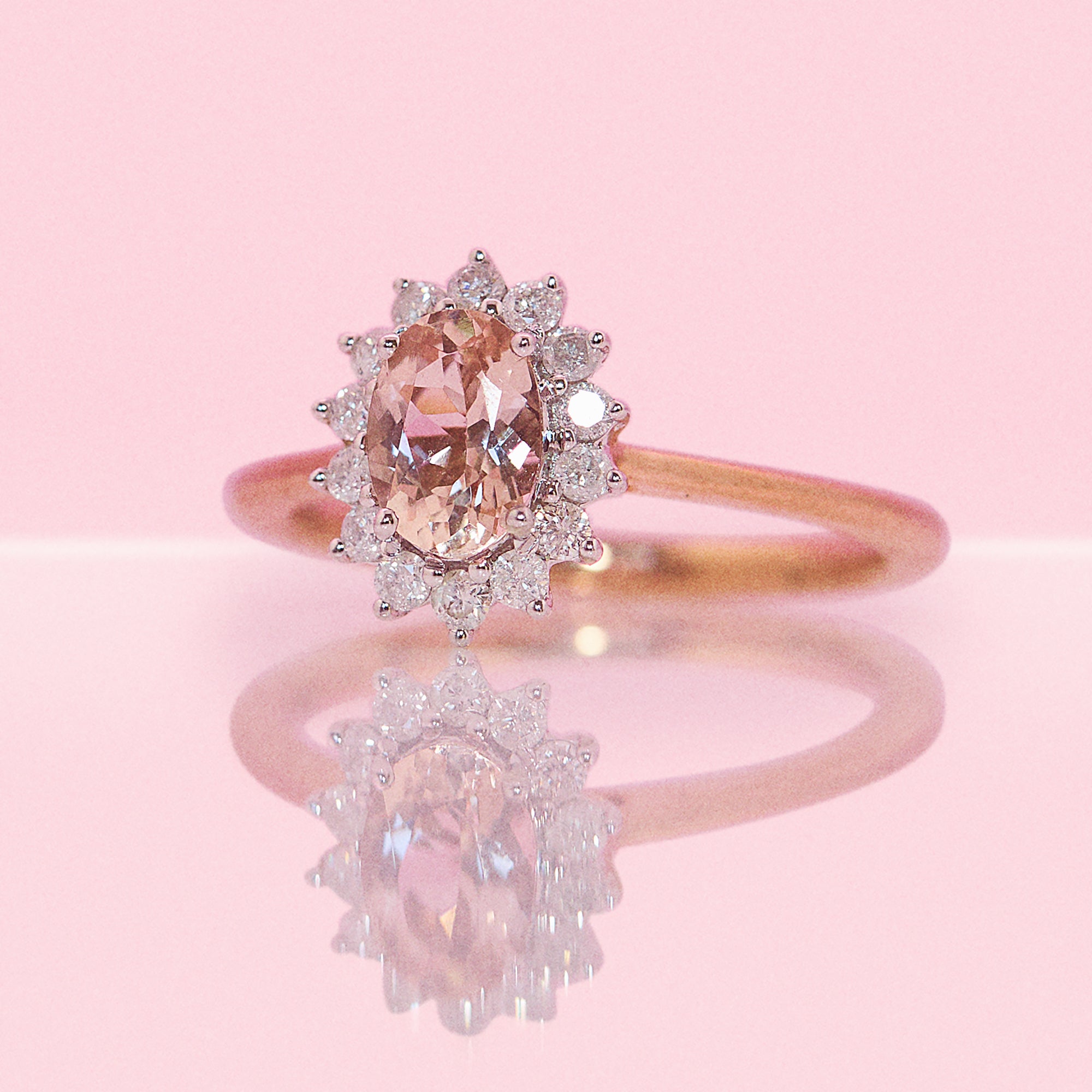 9ct rose gold 0.67ct morganite and 0.26ct diamond cluster ring