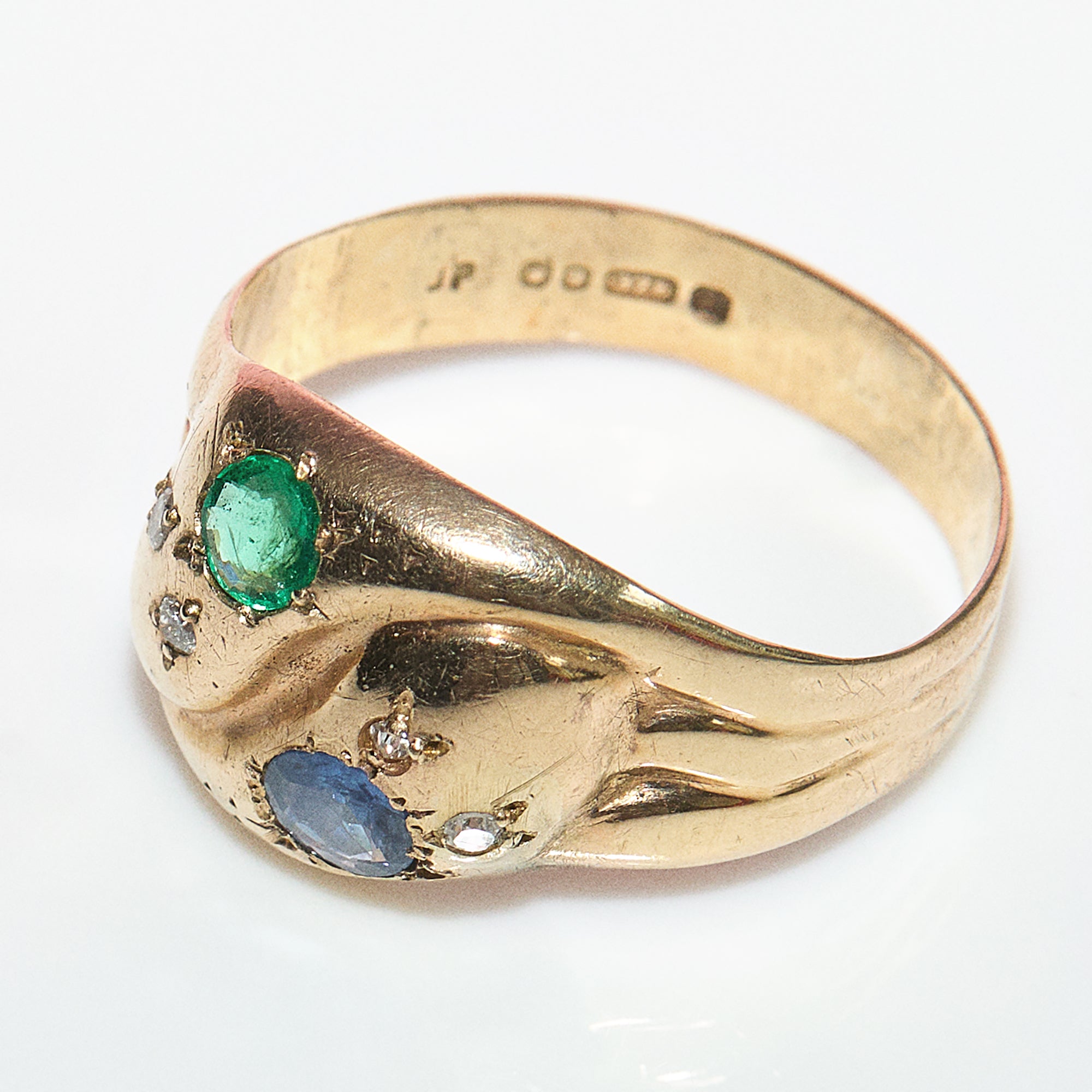 9ct gold diamond, emerald and sapphire snake ring