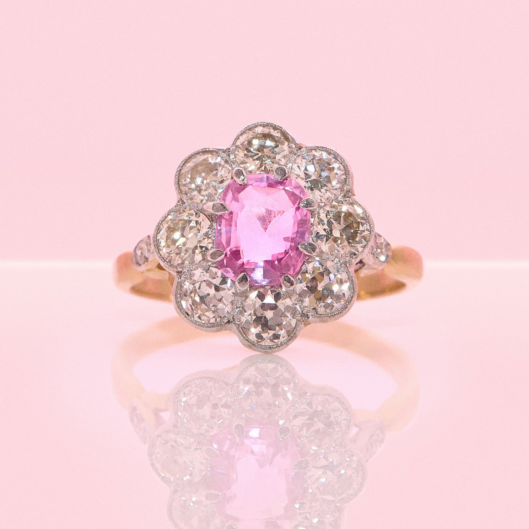 18ct gold pink sapphire and diamond flower ring
