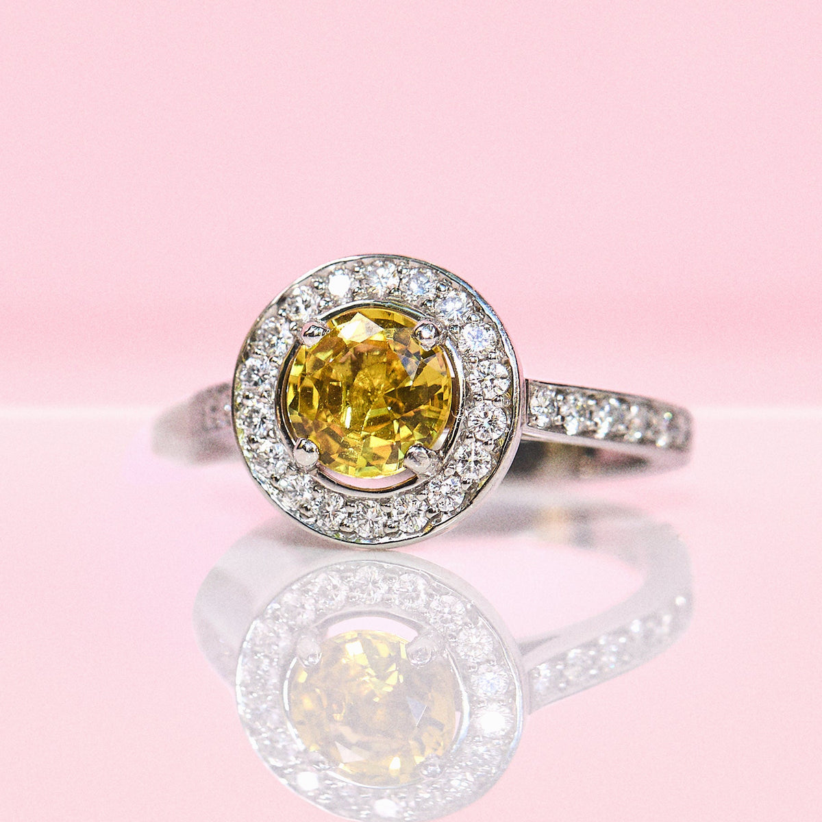Vintage Platinum 1.05ct yellow sapphire and diamond halo ring